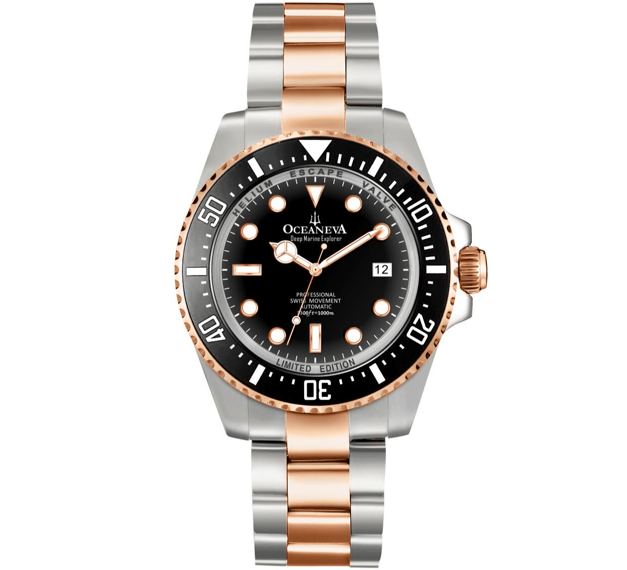 Oceaneva Men's Deep Marine Explorer 1000M Pro Diver Watch Black and Rose Gold - BK200BKSTRGD 1000M, 1000m Dive watch, 316L Stainless Steel, BGW9 Swiss Super-Luminova, Ceramic Beze, Dive Watch, Sw200-1 Swiss Automatic Movement