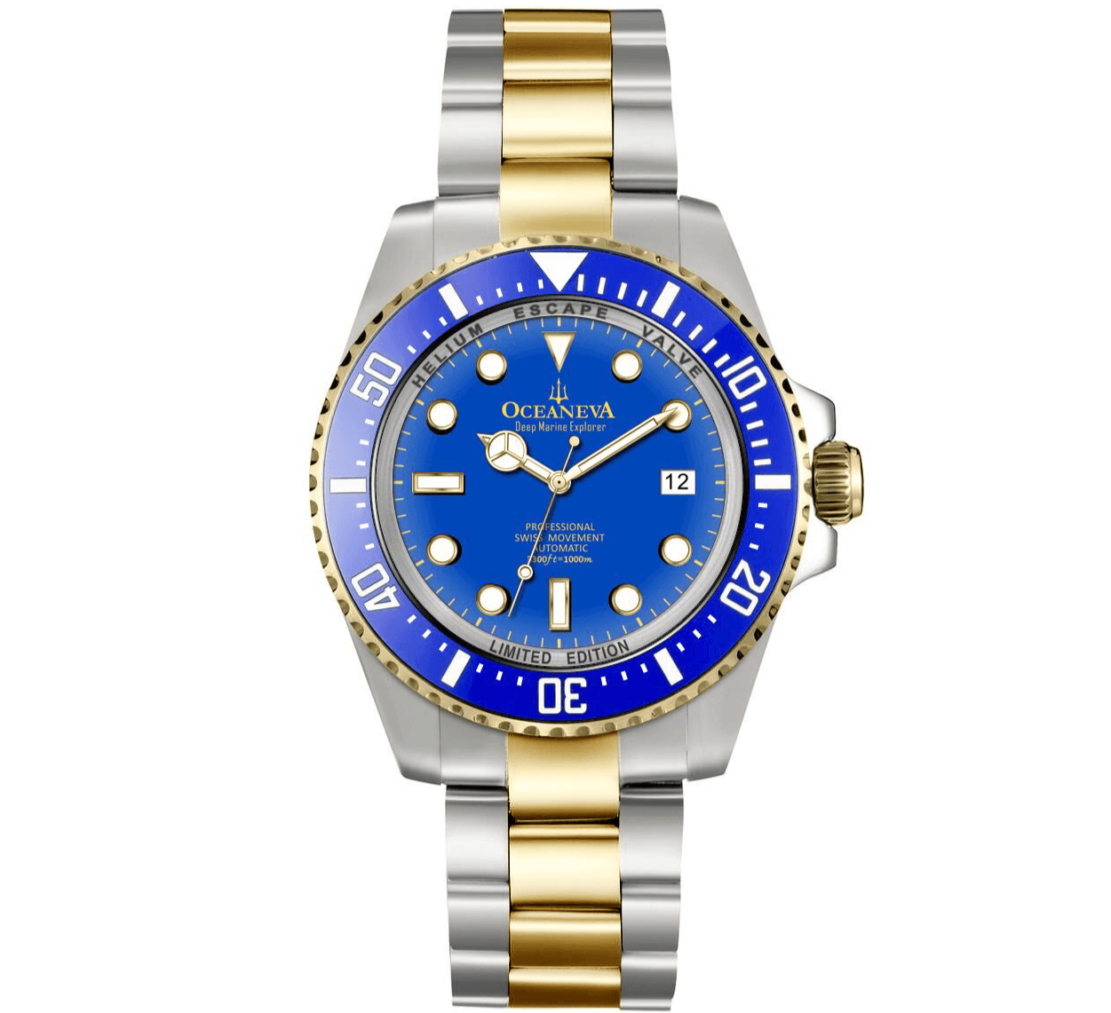 Oceaneva Men's Deep Marine Explorer 1000M Pro Diver Watch Blue and Gold - BL200BLSTGD 1000M, 1000m Dive watch, 316L Stainless Steel, BGW9 Swiss Super-Luminova, Ceramic Beze, Dive Watch, Sw200-1 Swiss Automatic Movement