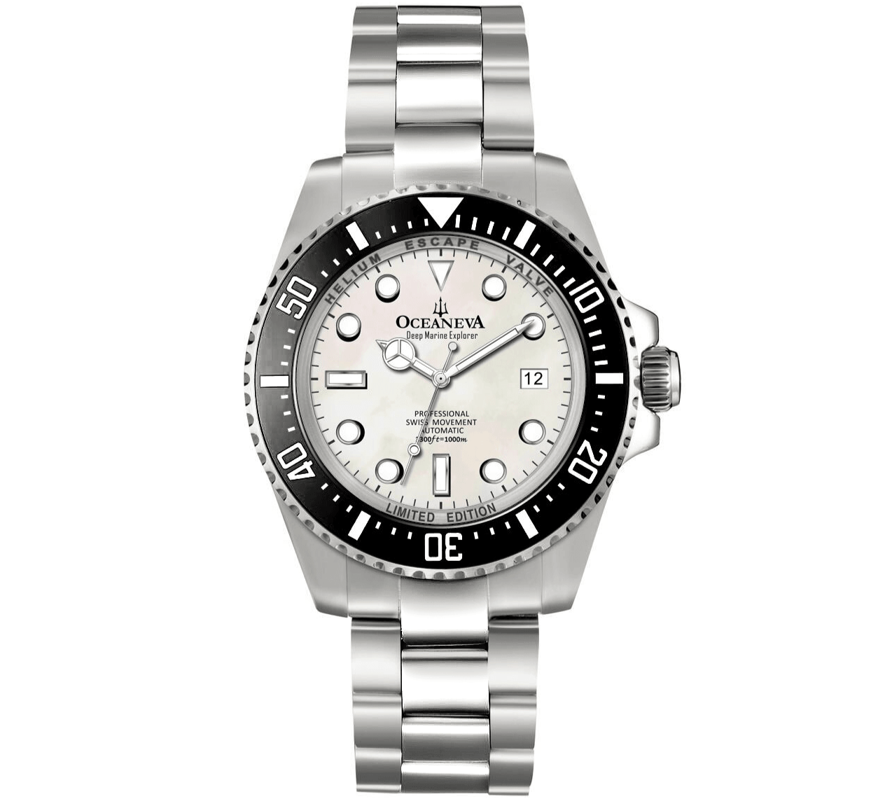 Oceaneva Men's Deep Marine Explorer 1000M Pro Diver Watch White Mother Of Pearl - BK200WHMOPST 1000M, 1000m Dive watch, 316L Stainless Steel, BGW9 Swiss Super-Luminova, Ceramic Beze, Dive Watch, Sw200-1 Swiss Automatic Movement