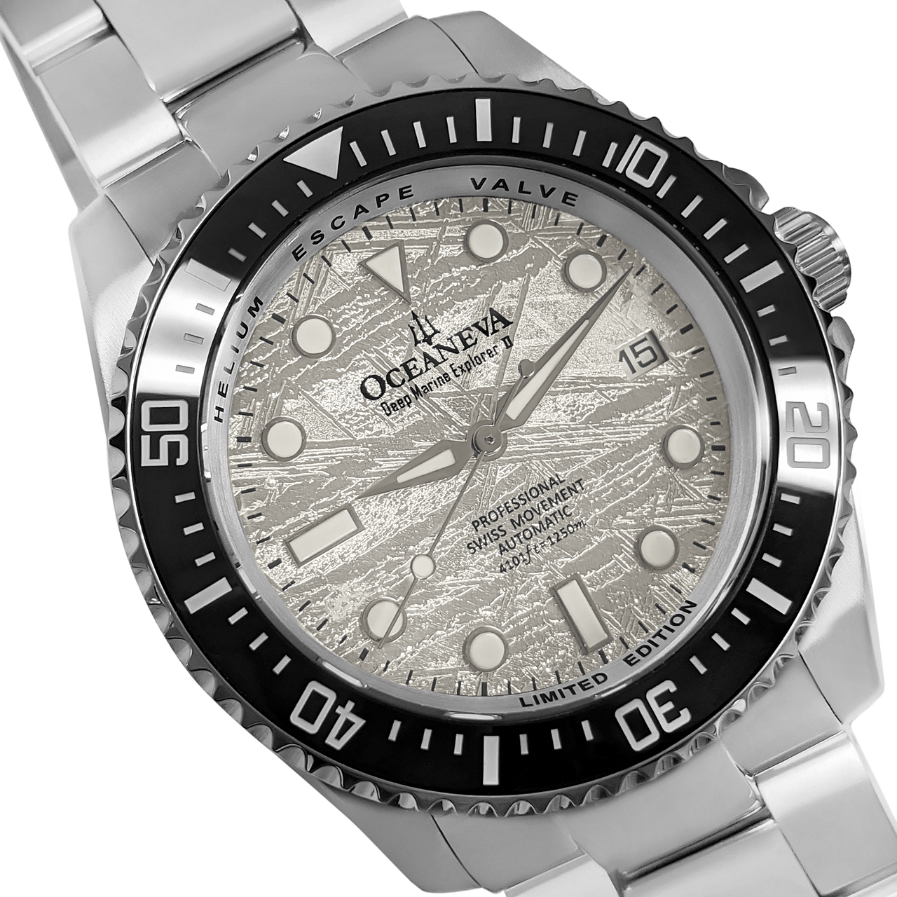 Oceaneva Men's Deep Marine Explorer 1250M Pro Diver Watch Silver Meteorite Dial - BKII200MRST 1250M diver, 316L Stainless Steel Watch, Automatic Watch, BGW9 Swiss-Superluminova, Ceramic Bezel, Dive Watch, Sw200-1 Swiss Automatic Movement