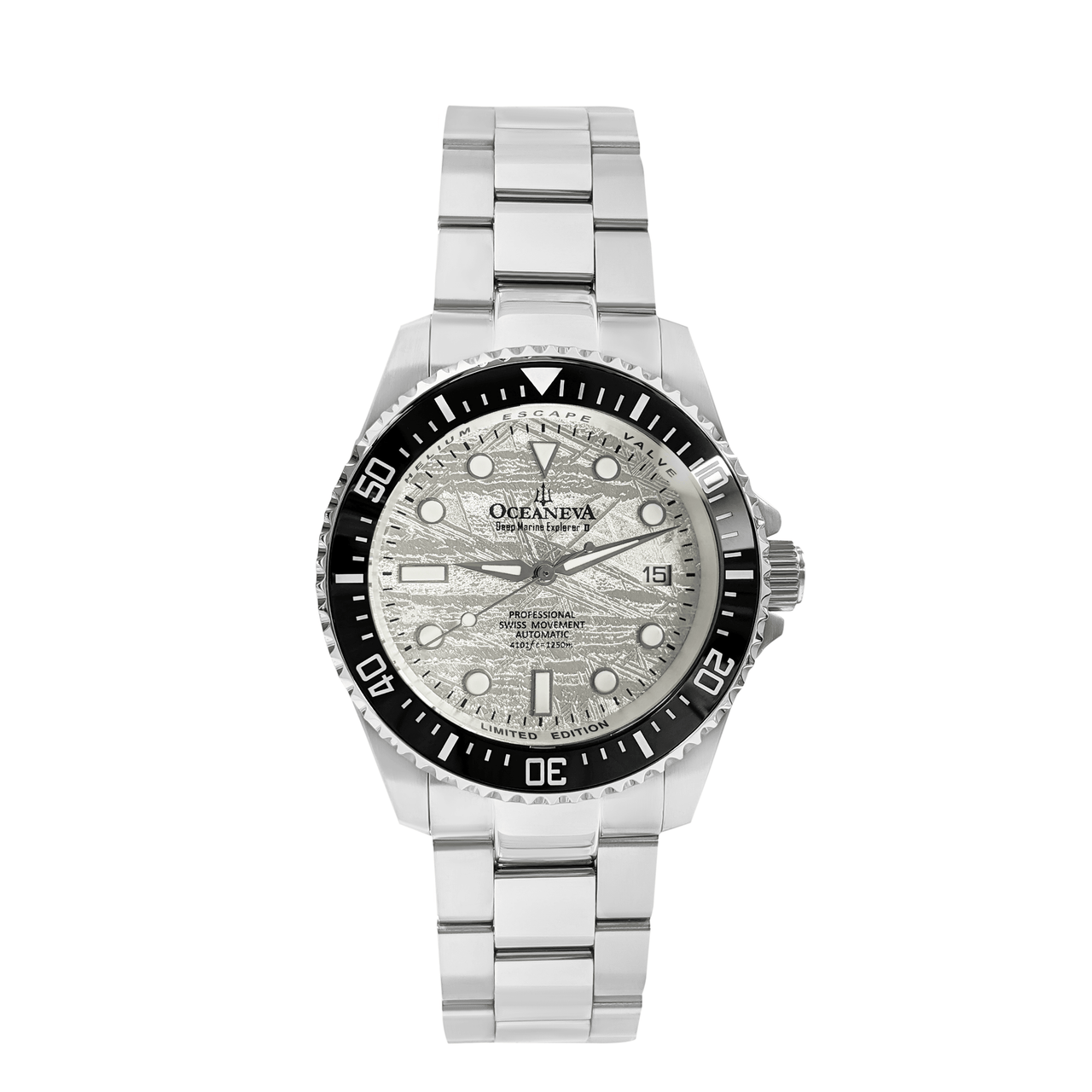 Oceaneva Men's Deep Marine Explorer 1250M Pro Diver Watch Silver Meteorite Dial - BKII200MRST 1250M diver, 316L Stainless Steel Watch, Automatic Watch, BGW9 Swiss-Superluminova, Ceramic Bezel, Dive Watch, Sw200-1 Swiss Automatic Movement