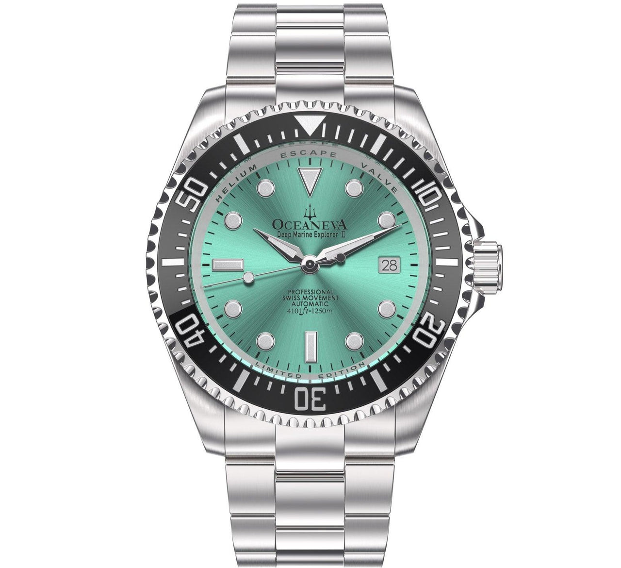 Oceaneva Men's Deep Marine Explorer II 1250M Pro Diver Watch Aquamarine Burst Dial - BKII200AQST 1000M, 1250M diver, 316L Stainless Steel Watch, Automatic Watch, BGW9 Swiss-Superluminova, Ceramic Bezel, Dive Watch, Sw200-1 Swiss Automatic Movement