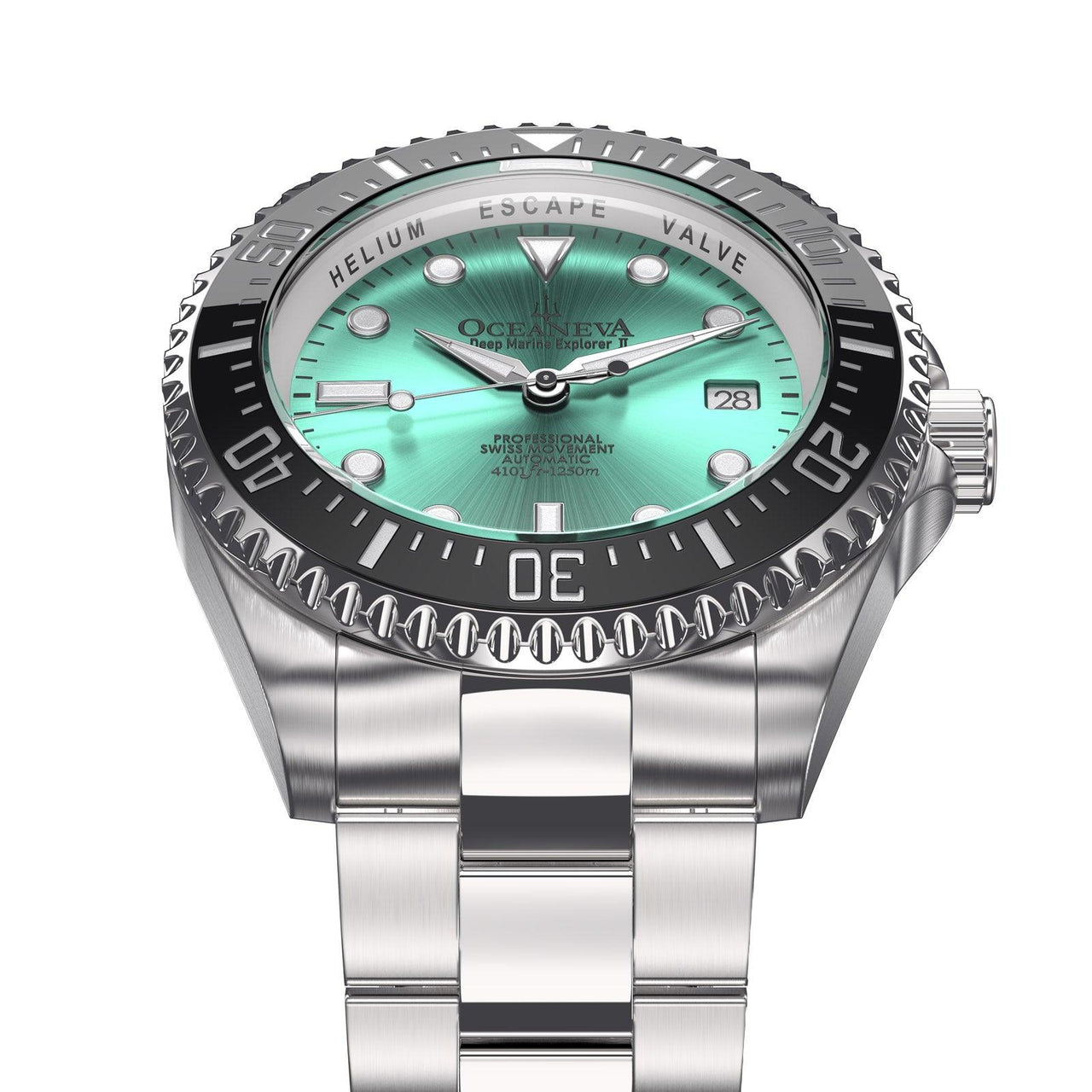 Oceaneva Men's Deep Marine Explorer II 1250M Pro Diver Watch Aquamarine Burst Dial - BKII200AQST 1000M, 1250M diver, 316L Stainless Steel Watch, Automatic Watch, BGW9 Swiss-Superluminova, Ceramic Bezel, Dive Watch, Sw200-1 Swiss Automatic Movement