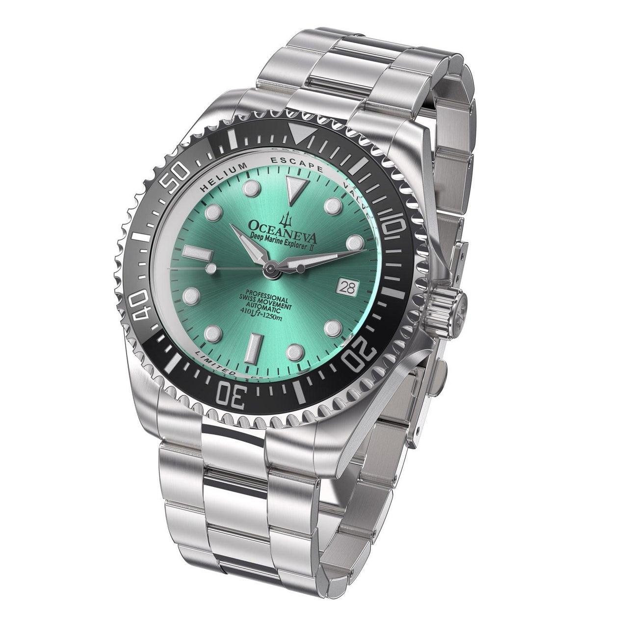 Oceaneva Men's Deep Marine Explorer II 1250M Pro Diver Watch Aquamarine Burst Dial - BKII200AQST 1000M, 1250M diver, 316L Stainless Steel Watch, Automatic Watch, BGW9 Swiss-Superluminova, Ceramic Bezel, Dive Watch, Sw200-1 Swiss Automatic Movement