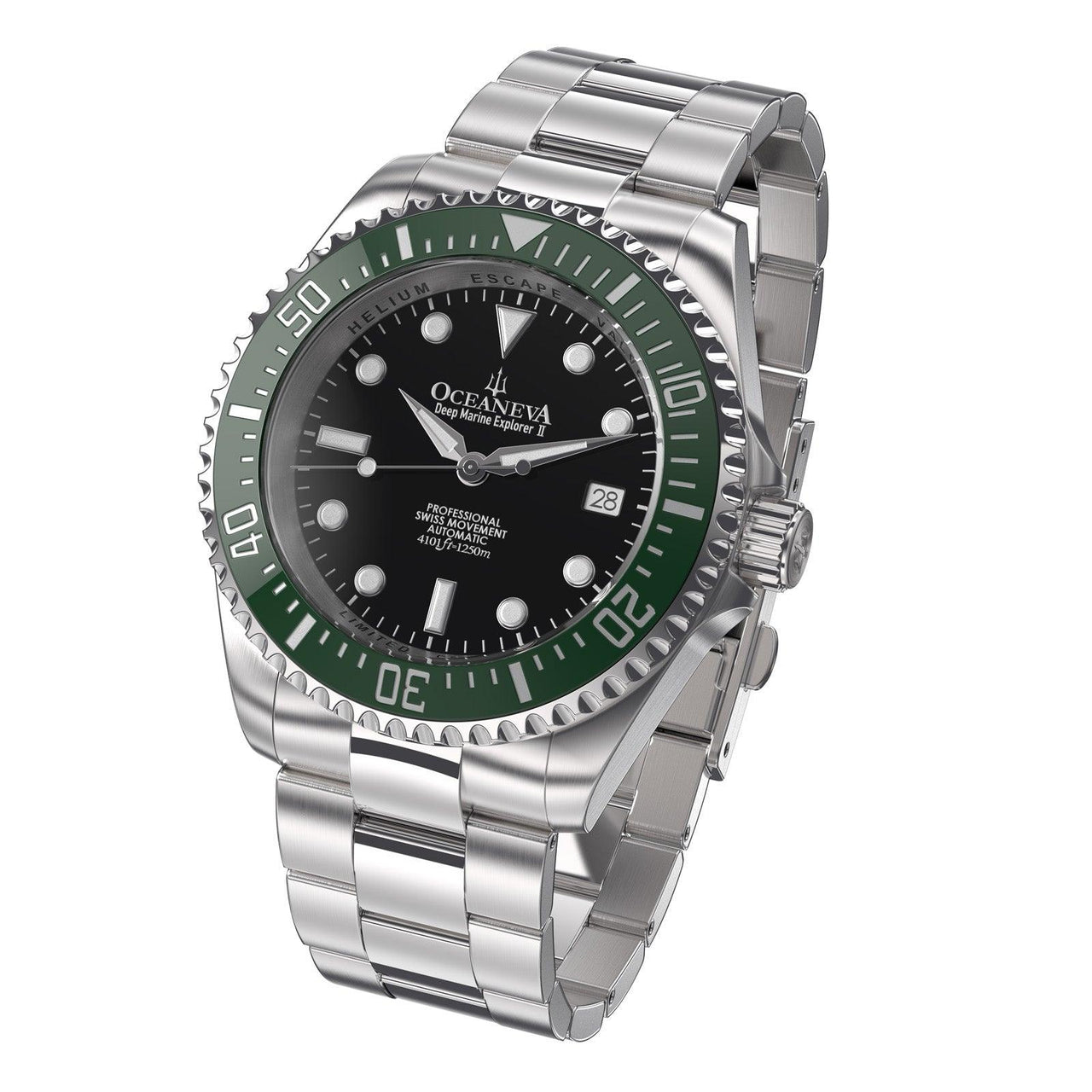 Oceaneva Men's Deep Marine Explorer II 1250M Pro Diver Watch Black and Green - GRII200BKST 1000M, 1250M diver, 316L Stainless Steel Watch, Automatic Watch, BGW9 Swiss-Superluminova, Ceramic Bezel, Dive Watch, Sw200-1 Swiss Automatic Movement