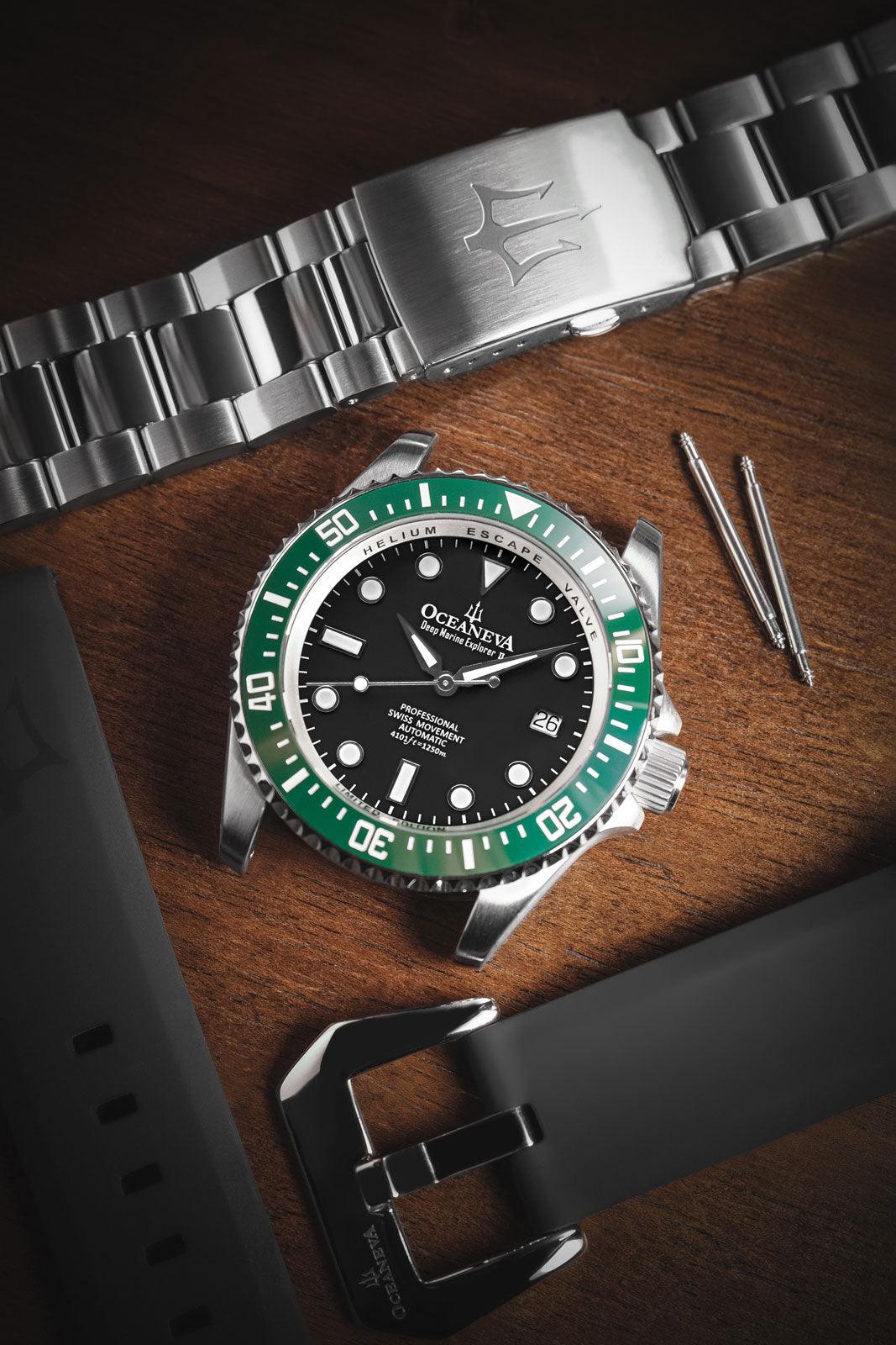 Oceaneva Men's Deep Marine Explorer II 1250M Pro Diver Watch Black and Green - GRII200BKST 1000M, 1250M diver, 316L Stainless Steel Watch, Automatic Watch, BGW9 Swiss-Superluminova, Ceramic Bezel, Dive Watch, Sw200-1 Swiss Automatic Movement