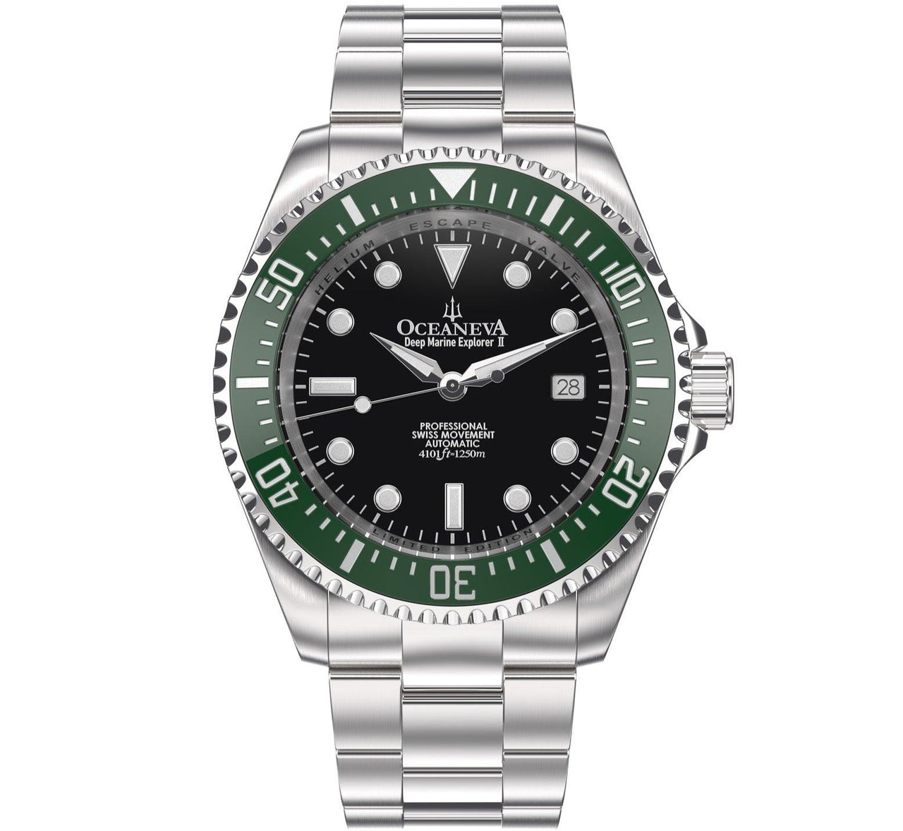 Oceaneva Men's Deep Marine Explorer II 1250M Pro Diver Watch Black and Green - GRII200BKST 1000M, 1250M diver, 316L Stainless Steel Watch, Automatic Watch, BGW9 Swiss-Superluminova, Ceramic Bezel, Dive Watch, Sw200-1 Swiss Automatic Movement