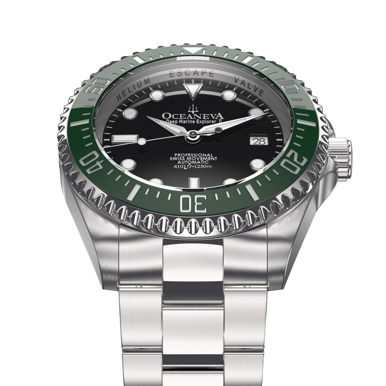 Oceaneva Men's Deep Marine Explorer II 1250M Pro Diver Watch Black and Green - GRII200BKST 1000M, 1250M diver, 316L Stainless Steel Watch, Automatic Watch, BGW9 Swiss-Superluminova, Ceramic Bezel, Dive Watch, Sw200-1 Swiss Automatic Movement