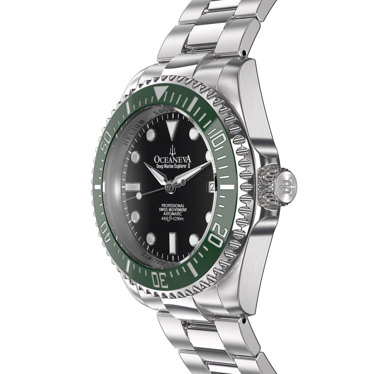 Oceaneva Men's Deep Marine Explorer II 1250M Pro Diver Watch Black and Green - GRII200BKST 1000M, 1250M diver, 316L Stainless Steel Watch, Automatic Watch, BGW9 Swiss-Superluminova, Ceramic Bezel, Dive Watch, Sw200-1 Swiss Automatic Movement