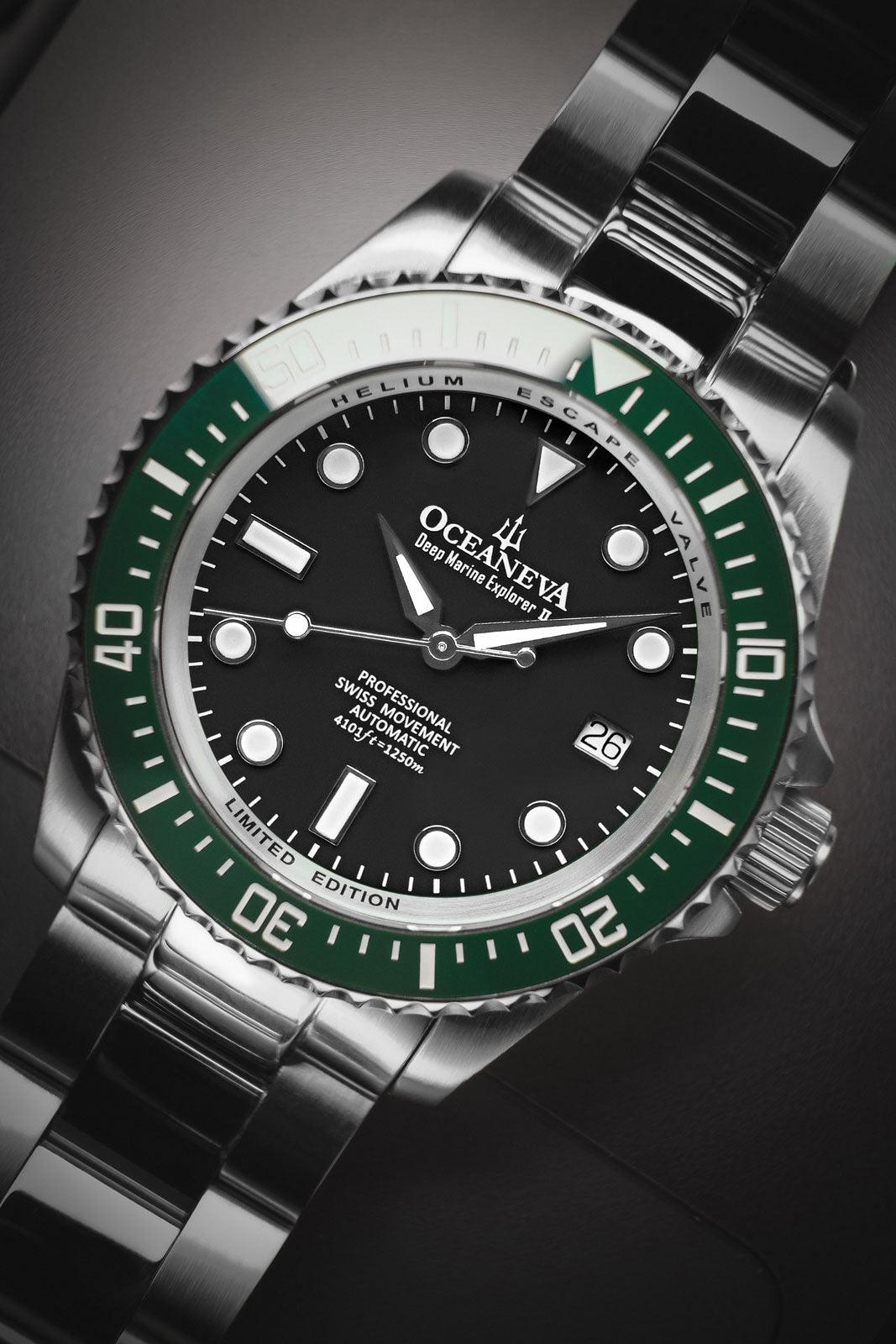 Oceaneva Men's Deep Marine Explorer II 1250M Pro Diver Watch Black and Green - GRII200BKST 1000M, 1250M diver, 316L Stainless Steel Watch, Automatic Watch, BGW9 Swiss-Superluminova, Ceramic Bezel, Dive Watch, Sw200-1 Swiss Automatic Movement