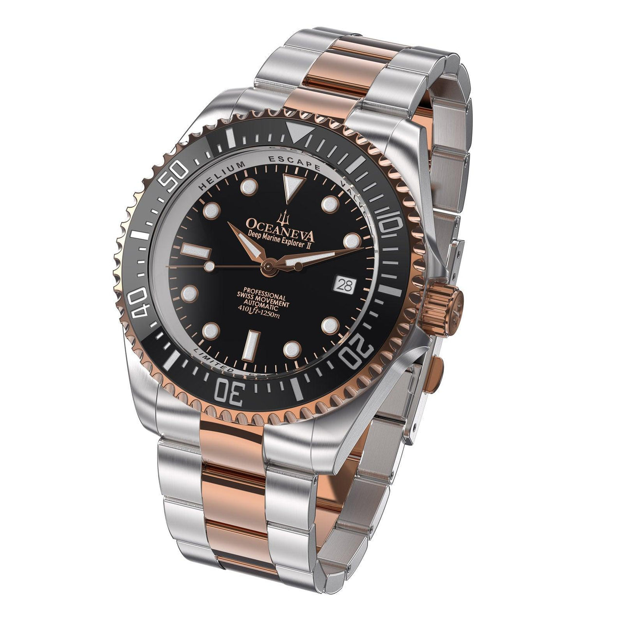 Oceaneva Men's Deep Marine Explorer II 1250M Pro Diver Watch Black Rose Gold - BKII200BKSTRGD 1000M, 1250M, 316L Stainless Steel Watch, Automatic Watch, BGW9 Swiss-Superluminova, Ceramic Bezel, Dive Watch, Sw200-1 Swiss Automatic Movement