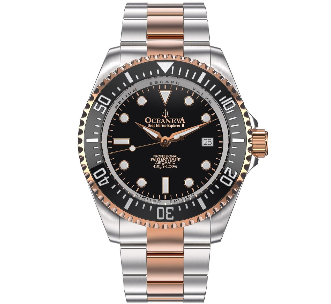 Oceaneva Men's Deep Marine Explorer II 1250M Pro Diver Watch Black Rose Gold - BKII200BKSTRGD 1000M, 1250M, 316L Stainless Steel Watch, Automatic Watch, BGW9 Swiss-Superluminova, Ceramic Bezel, Dive Watch, Sw200-1 Swiss Automatic Movement