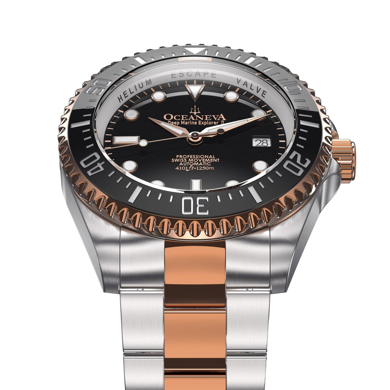 Oceaneva Men's Deep Marine Explorer II 1250M Pro Diver Watch Black Rose Gold - BKII200BKSTRGD 1000M, 1250M, 316L Stainless Steel Watch, Automatic Watch, BGW9 Swiss-Superluminova, Ceramic Bezel, Dive Watch, Sw200-1 Swiss Automatic Movement