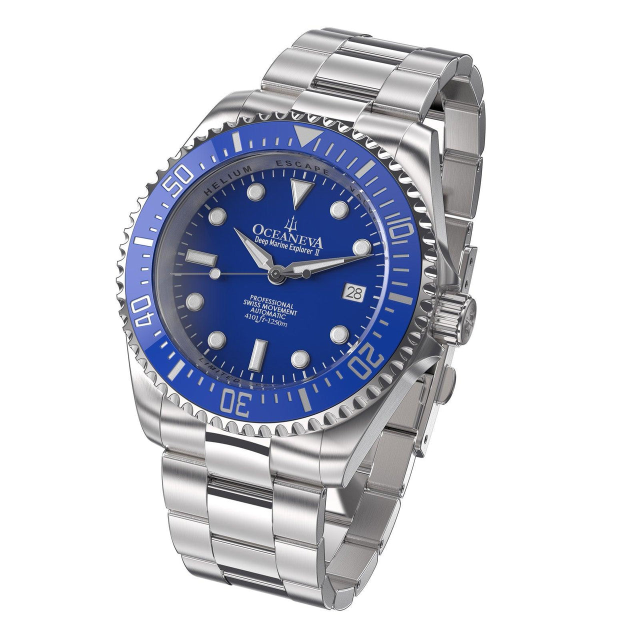 Oceaneva Men's Deep Marine Explorer II 1250M Pro Diver Watch Blue - BLII200BLST 1000M, 1250M, 316L Stainless Steel Watch, Automatic Watch, BGW9 Swiss-Superluminova, Ceramic Bezel, Dive Watch, Sw200-1 Swiss Automatic Movement