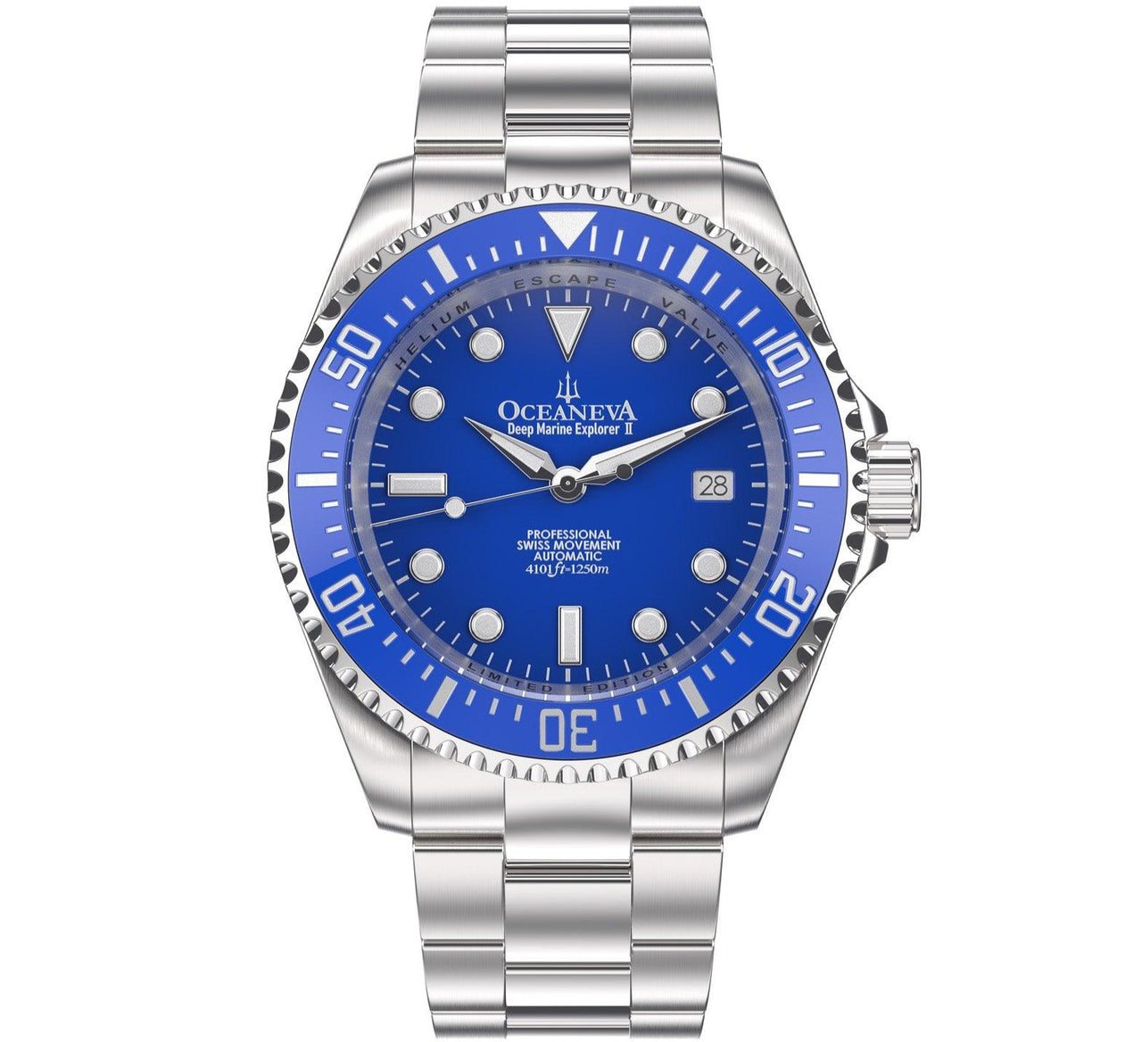 Oceaneva Men's Deep Marine Explorer II 1250M Pro Diver Watch Blue - BLII200BLST 1000M, 1250M, 316L Stainless Steel Watch, Automatic Watch, BGW9 Swiss-Superluminova, Ceramic Bezel, Dive Watch, Sw200-1 Swiss Automatic Movement