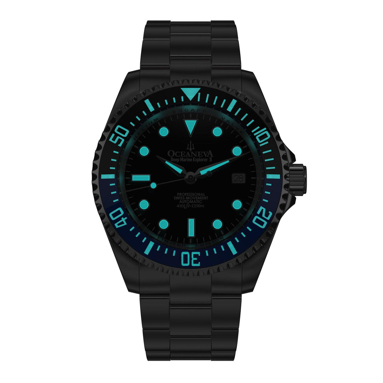 Oceaneva Men's Deep Marine Explorer II 1250M Pro Diver Watch Blue and Black - BLIIBK200BKST 1000M, 1250M diver, 316L Stainless Steel Watch, Automatic Watch, BGW9 Swiss-Superluminova, Ceramic Bezel, Dive Watch, Sw200-1 Swiss Automatic Movement