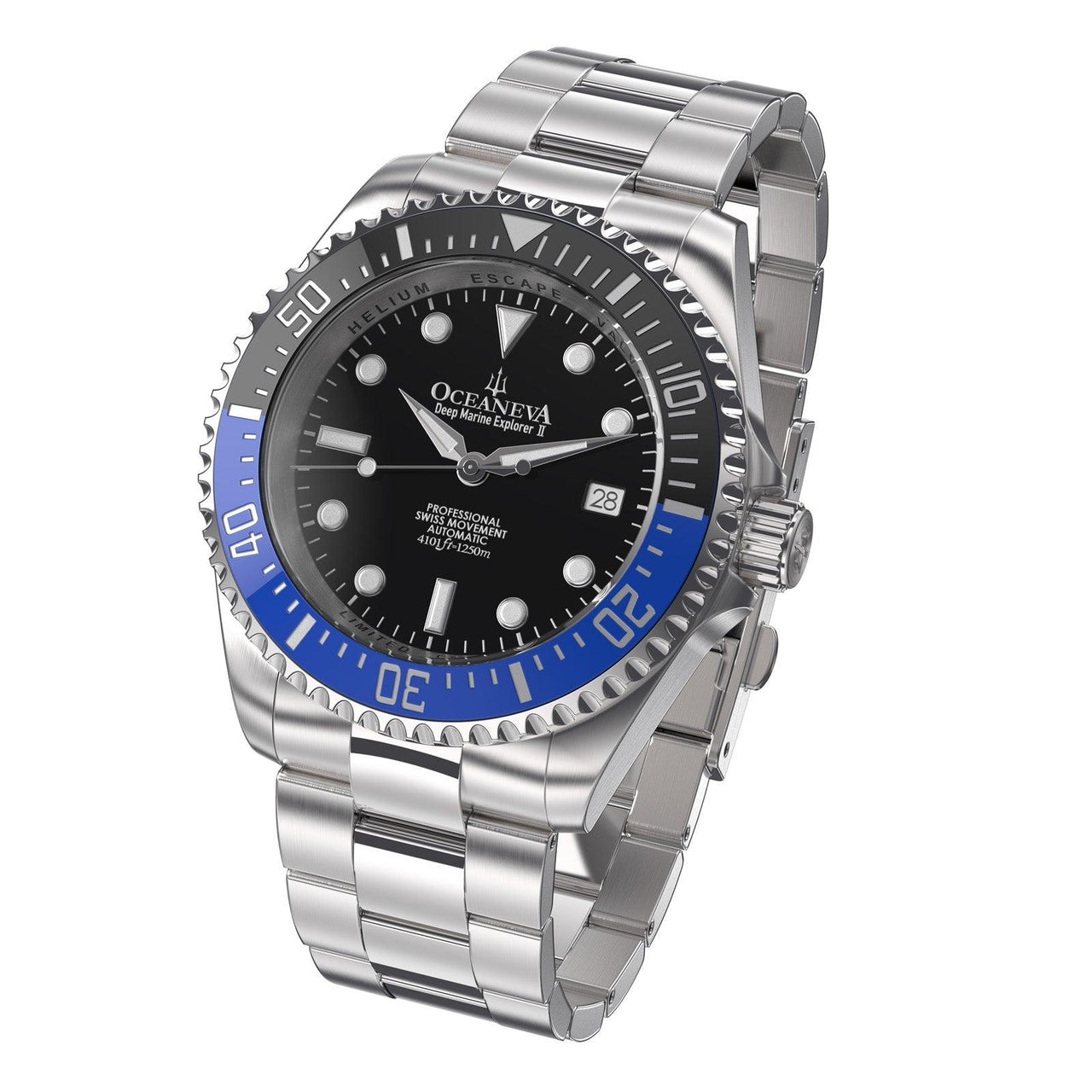 Oceaneva Men's Deep Marine Explorer II 1250M Pro Diver Watch Blue and Black - BLIIBK200BKST 1000M, 1250M diver, 316L Stainless Steel Watch, Automatic Watch, BGW9 Swiss-Superluminova, Ceramic Bezel, Dive Watch, Sw200-1 Swiss Automatic Movement