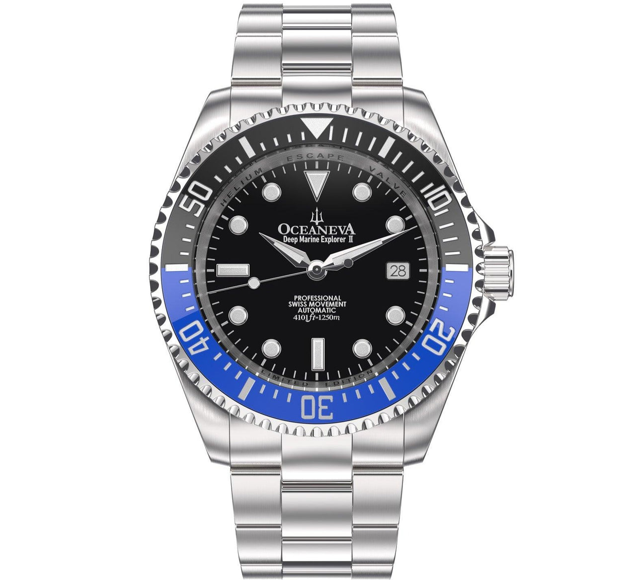 Oceaneva Men's Deep Marine Explorer II 1250M Pro Diver Watch Blue and Black - BLIIBK200BKST 1000M, 1250M diver, 316L Stainless Steel Watch, Automatic Watch, BGW9 Swiss-Superluminova, Ceramic Bezel, Dive Watch, Sw200-1 Swiss Automatic Movement