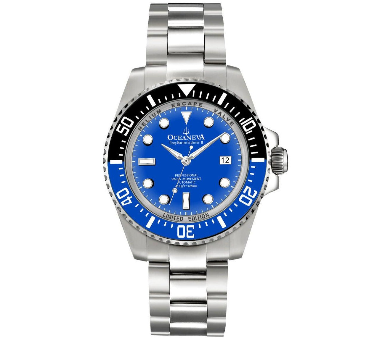 Oceaneva Men's Deep Marine Explorer II 1250M Pro Diver Watch Blue Dial - BLIIBK200BLST 1000M, 1000m Dive watch, 1250M diver, 316L Stainless Steel, BGW9 Swiss Super-Luminova, Ceramic Beze, Dive Watch, Sw200-1 Swiss Automatic Movement