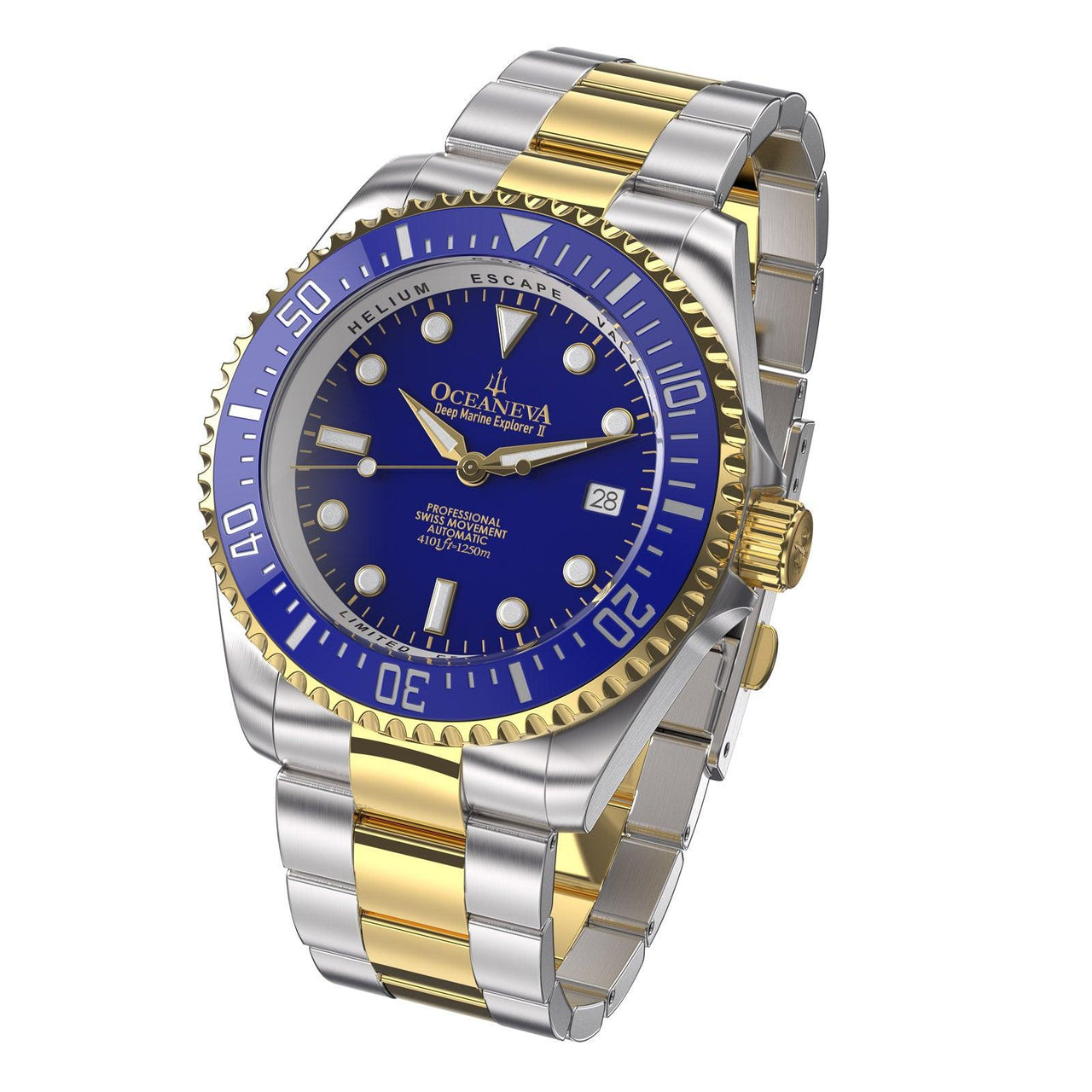 Oceaneva Men's Deep Marine Explorer II 1250M Pro Diver Watch Blue Yellow Gold - BLII200BLSTGD 1000M, 1250M, 316L Stainless Steel Watch, Automatic Watch, BGW9 Swiss-Superluminova, Ceramic Bezel, Dive Watch, Sw200-1 Swiss Automatic Movement