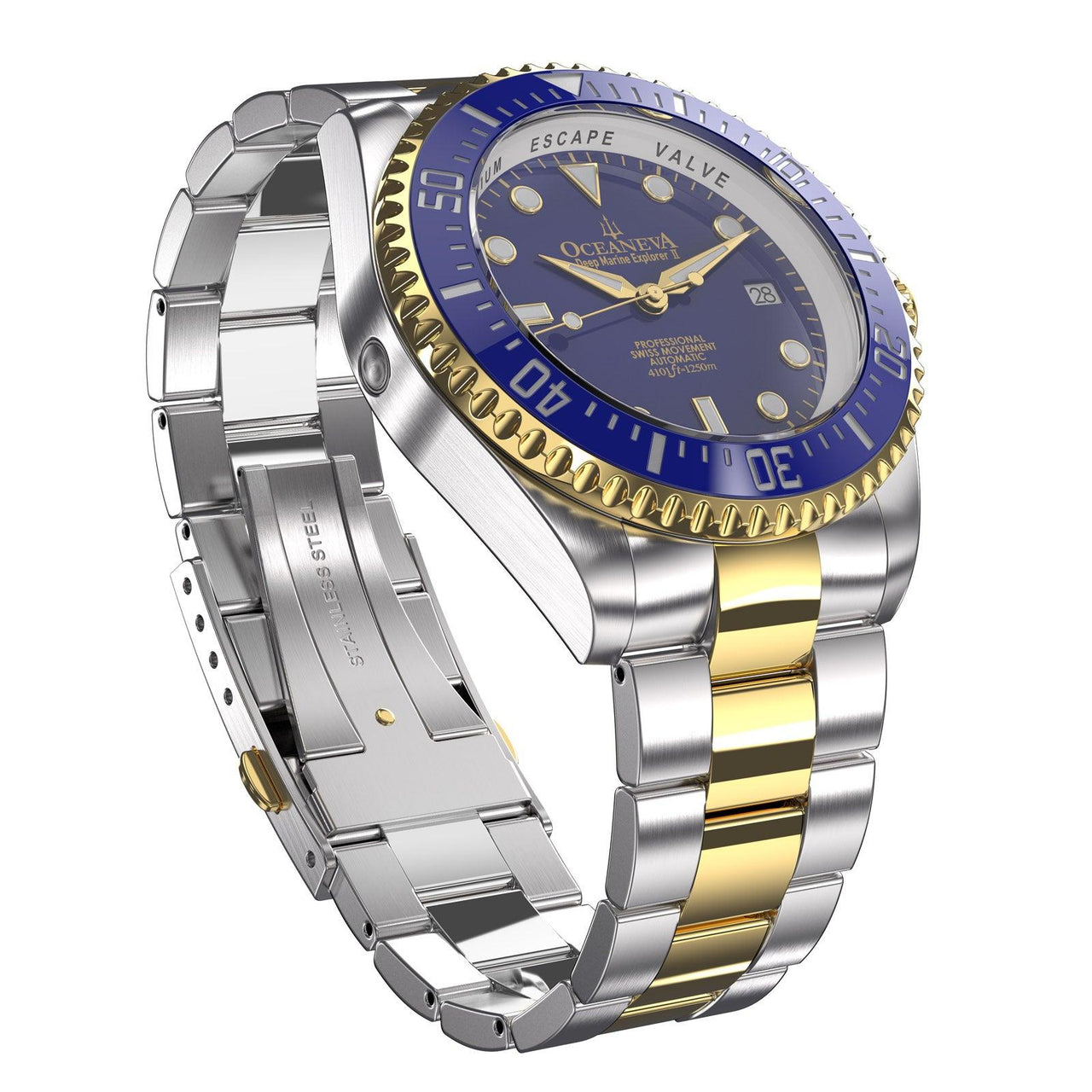 Oceaneva Men's Deep Marine Explorer II 1250M Pro Diver Watch Blue Yellow Gold - BLII200BLSTGD 1000M, 1250M, 316L Stainless Steel Watch, Automatic Watch, BGW9 Swiss-Superluminova, Ceramic Bezel, Dive Watch, Sw200-1 Swiss Automatic Movement