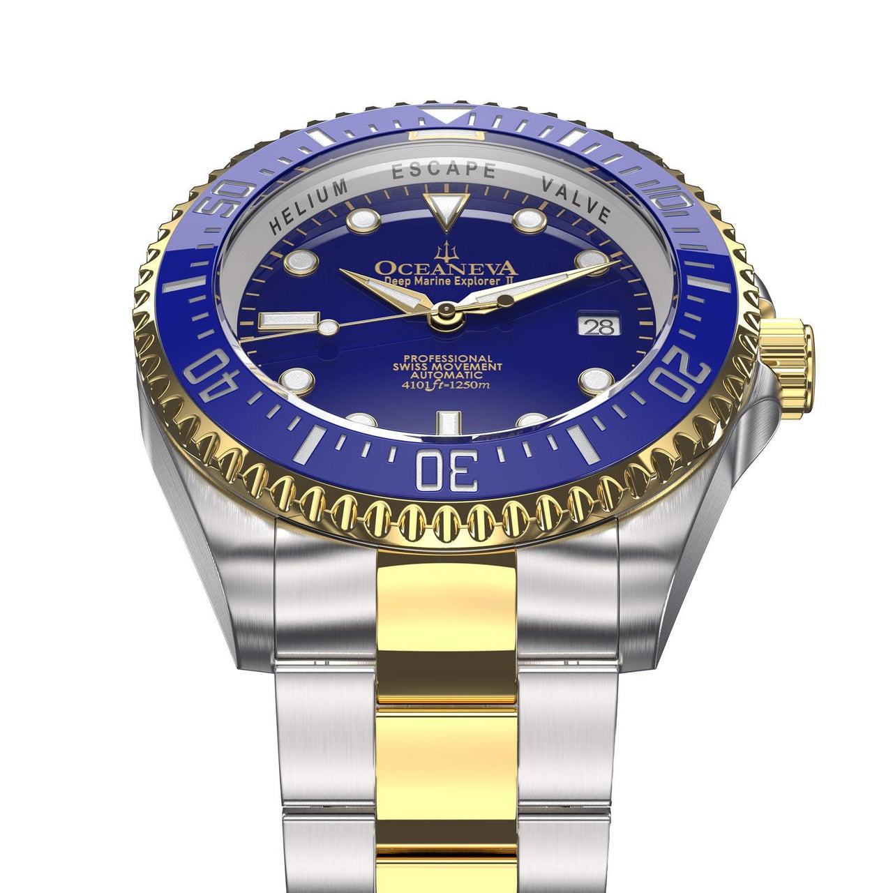 Oceaneva Men's Deep Marine Explorer II 1250M Pro Diver Watch Blue Yellow Gold - BLII200BLSTGD 1000M, 1250M, 316L Stainless Steel Watch, Automatic Watch, BGW9 Swiss-Superluminova, Ceramic Bezel, Dive Watch, Sw200-1 Swiss Automatic Movement