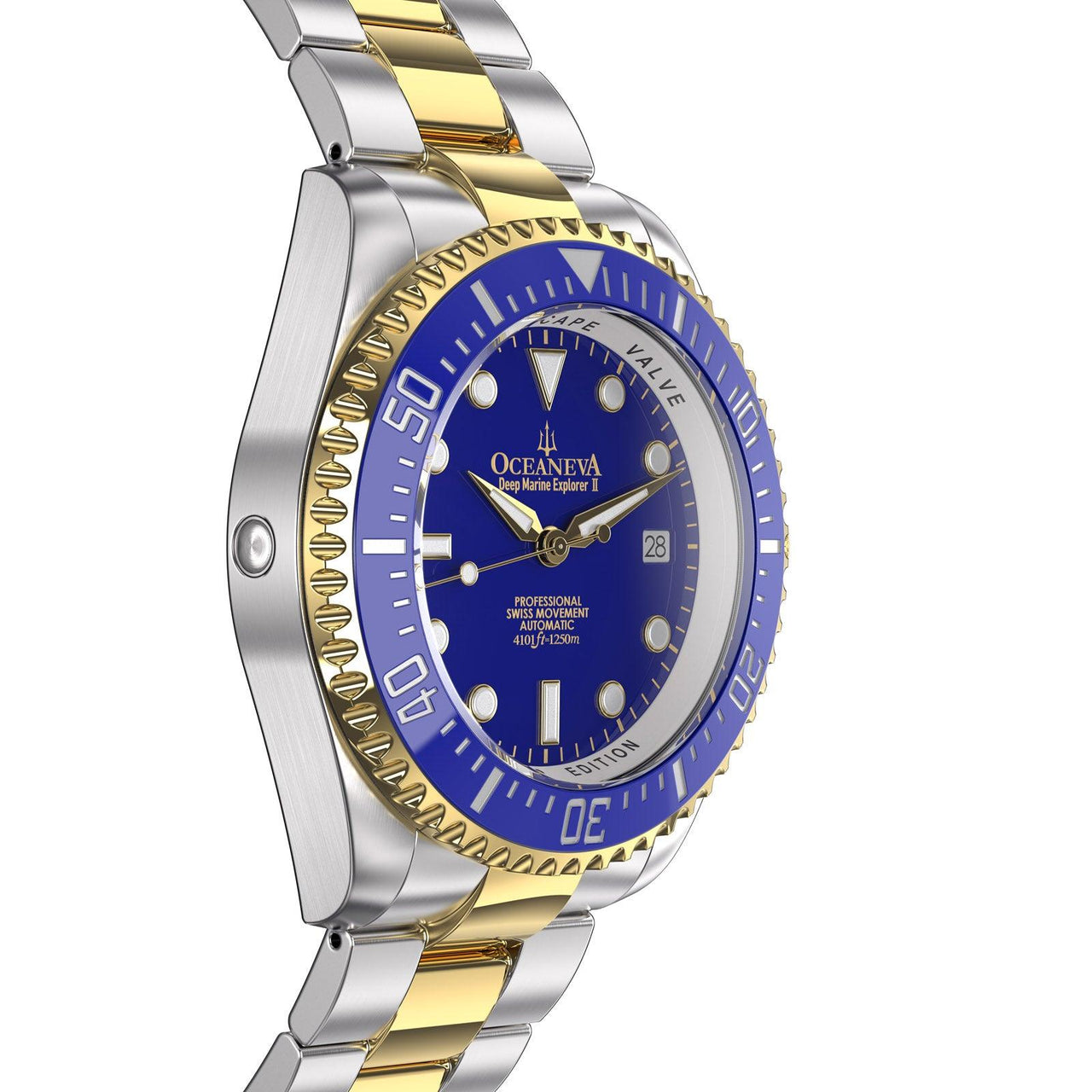 Oceaneva Men's Deep Marine Explorer II 1250M Pro Diver Watch Blue Yellow Gold - BLII200BLSTGD 1000M, 1250M, 316L Stainless Steel Watch, Automatic Watch, BGW9 Swiss-Superluminova, Ceramic Bezel, Dive Watch, Sw200-1 Swiss Automatic Movement