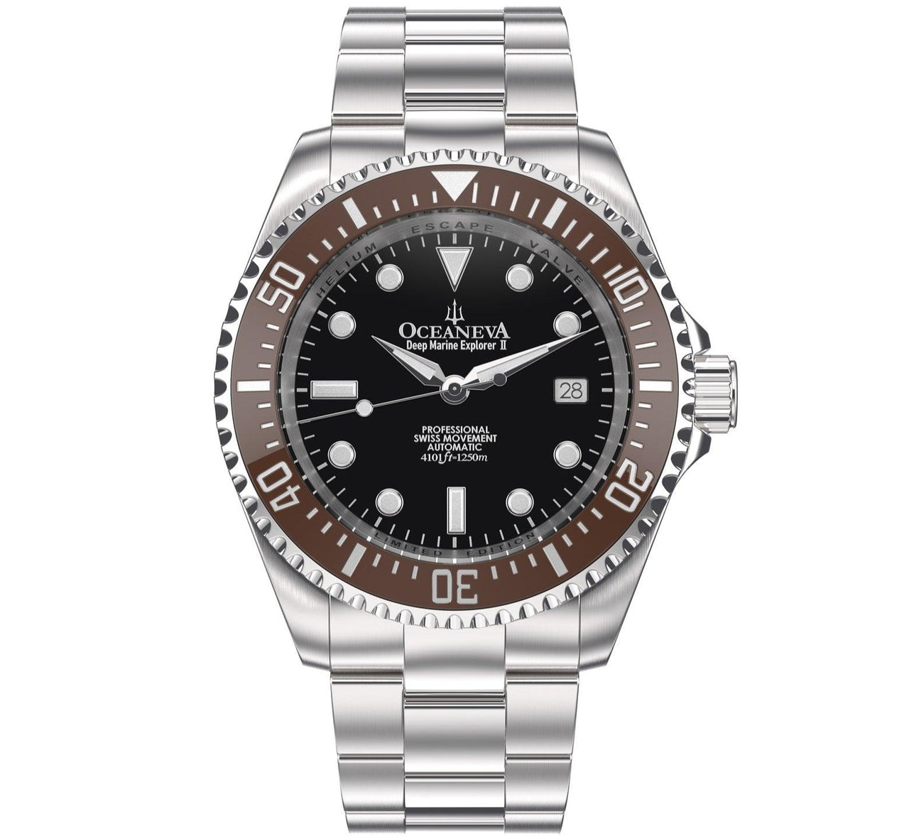 Oceaneva Men's Deep Marine Explorer II 1250M Pro Diver Watch Brown Black - BRII200BKST 1000M, 1250M, 316L Stainless Steel Watch, Automatic Watch, BGW9 Swiss-Superluminova, Ceramic Bezel, Dive Watch, Sw200-1 Swiss Automatic Movement