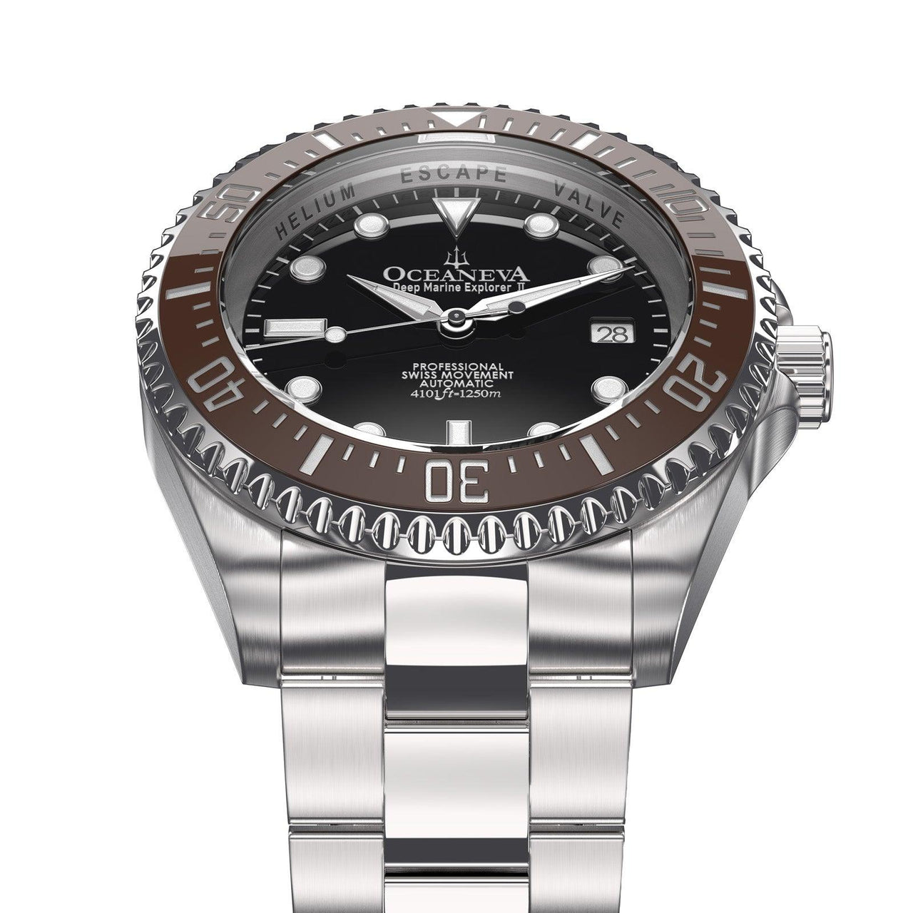 Oceaneva Men's Deep Marine Explorer II 1250M Pro Diver Watch Brown Black - BRII200BKST 1000M, 1250M, 316L Stainless Steel Watch, Automatic Watch, BGW9 Swiss-Superluminova, Ceramic Bezel, Dive Watch, Sw200-1 Swiss Automatic Movement