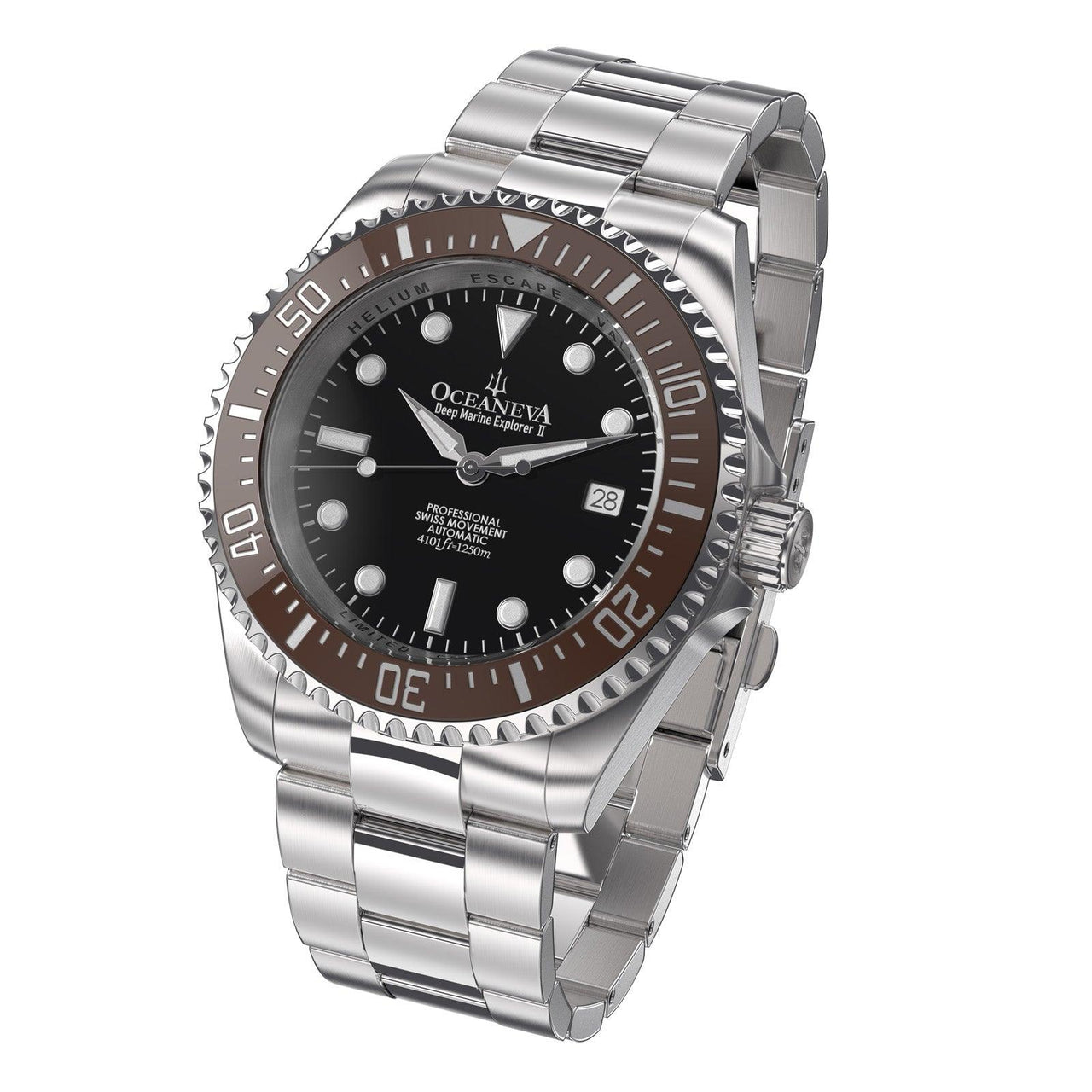 Oceaneva Men's Deep Marine Explorer II 1250M Pro Diver Watch Brown Black - BRII200BKST 1000M, 1250M, 316L Stainless Steel Watch, Automatic Watch, BGW9 Swiss-Superluminova, Ceramic Bezel, Dive Watch, Sw200-1 Swiss Automatic Movement