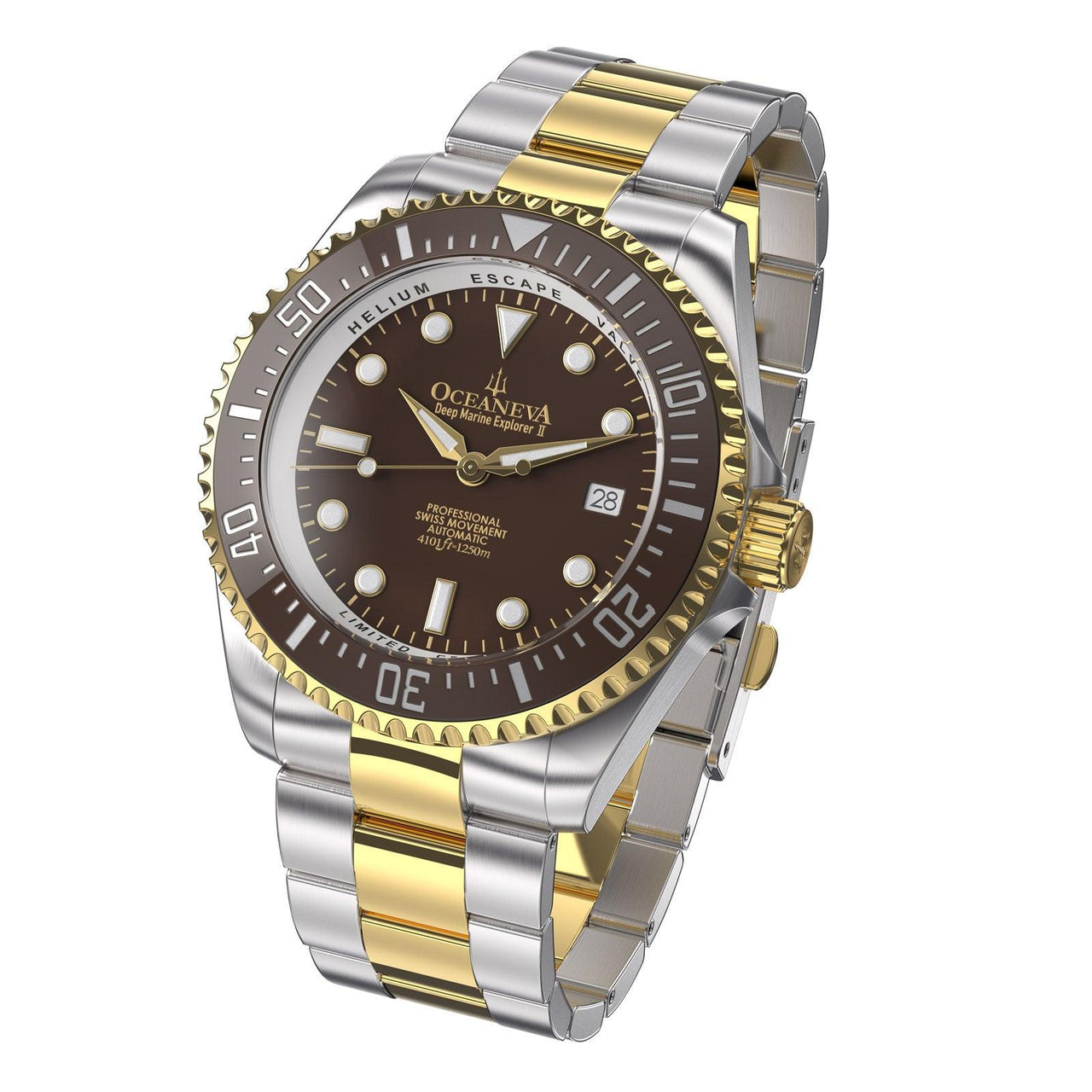 Oceaneva Men's Deep Marine Explorer II 1250M Pro Diver Watch Brown Yellow Gold - BRII200BRSTGD 1000M, 1250M, 316L Stainless Steel Watch, Automatic Watch, BGW9 Swiss-Superluminova, Ceramic Bezel, Dive Watch, Sw200-1 Swiss Automatic Movement