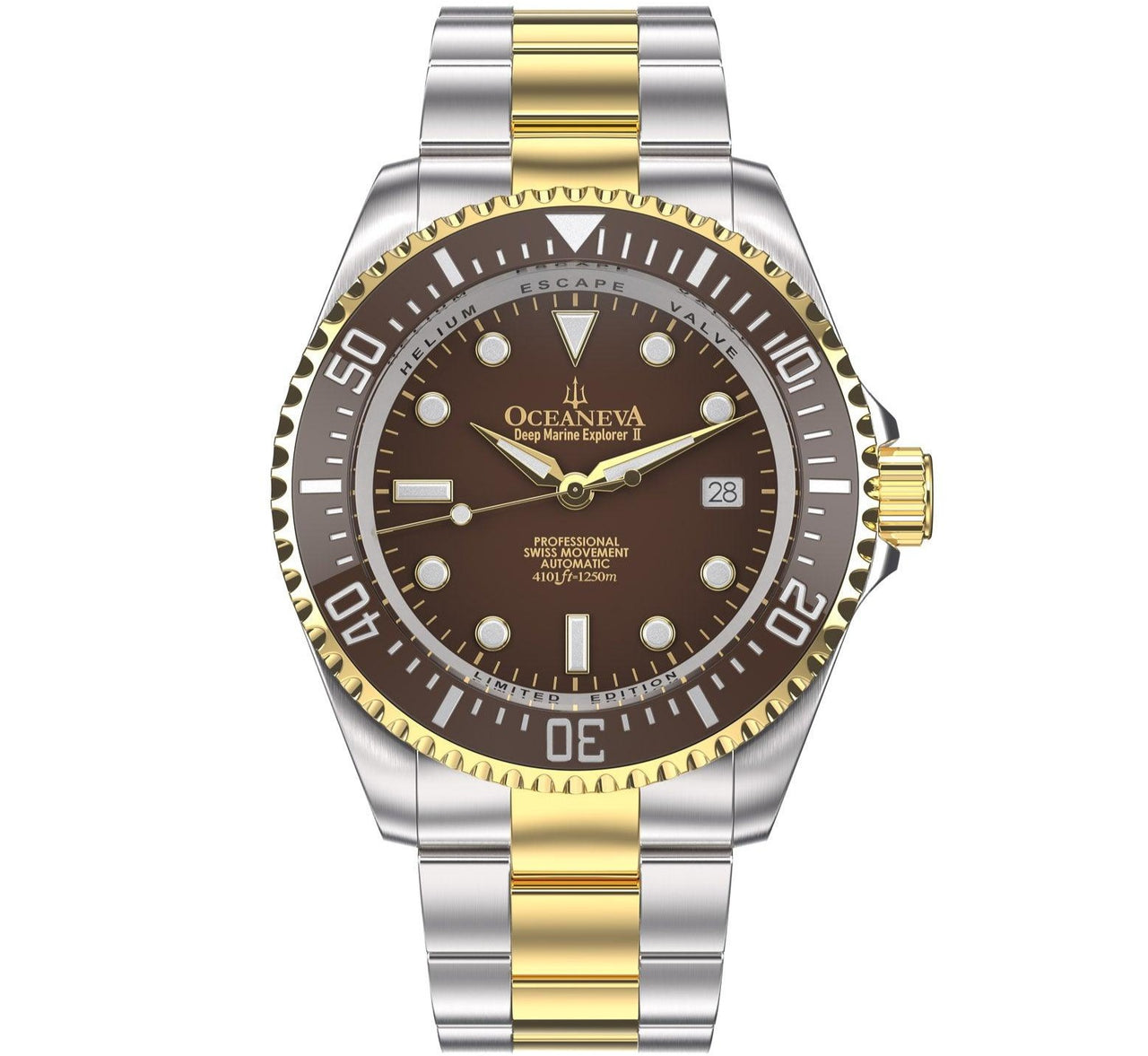 Oceaneva Men's Deep Marine Explorer II 1250M Pro Diver Watch Brown Yellow Gold - BRII200BRSTGD 1000M, 1250M, 316L Stainless Steel Watch, Automatic Watch, BGW9 Swiss-Superluminova, Ceramic Bezel, Dive Watch, Sw200-1 Swiss Automatic Movement