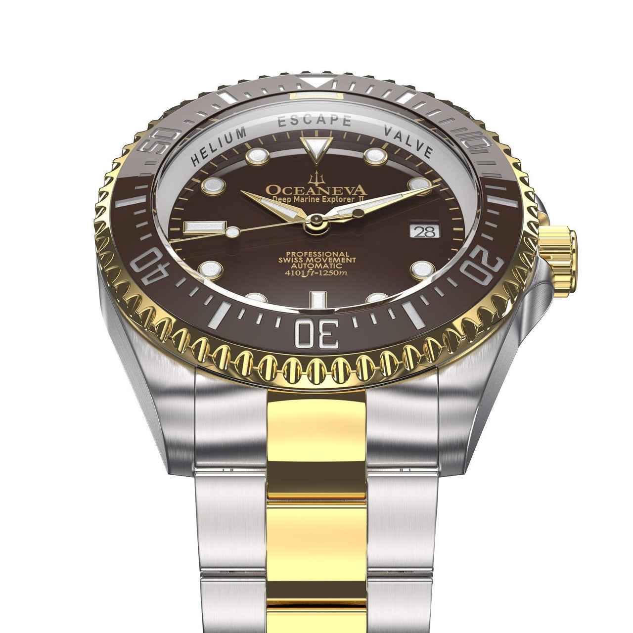 Oceaneva Men's Deep Marine Explorer II 1250M Pro Diver Watch Brown Yellow Gold - BRII200BRSTGD 1000M, 1250M, 316L Stainless Steel Watch, Automatic Watch, BGW9 Swiss-Superluminova, Ceramic Bezel, Dive Watch, Sw200-1 Swiss Automatic Movement