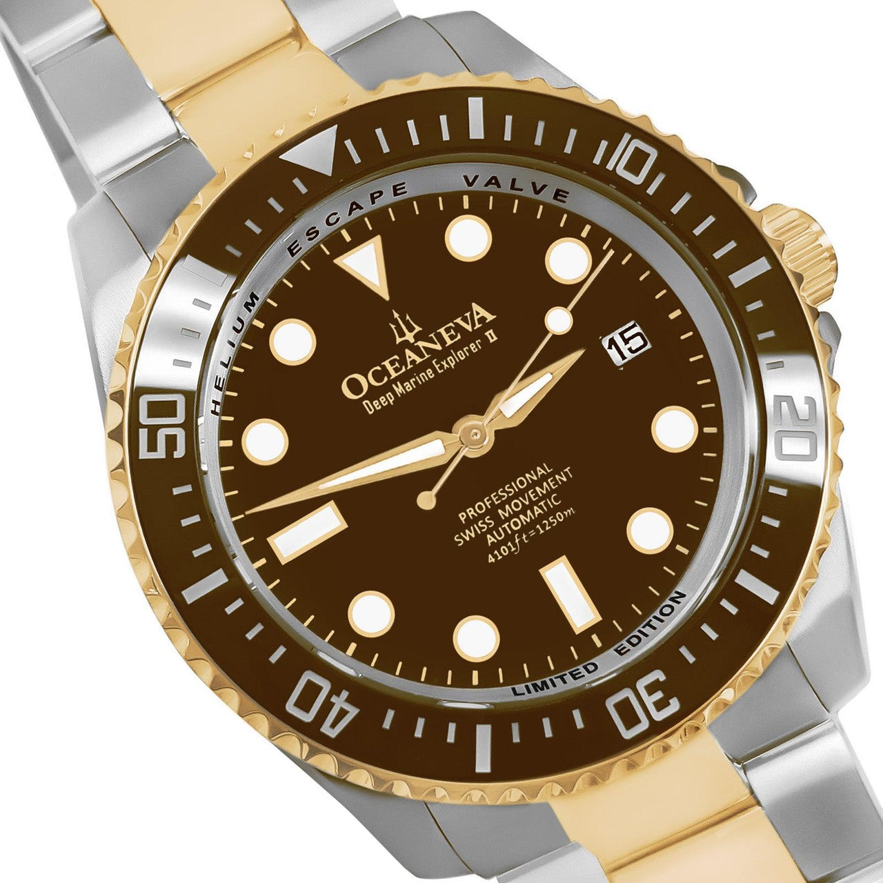 Oceaneva Men's Deep Marine Explorer II 1250M Pro Diver Watch Brown Yellow Gold - BRII200BRSTGD 1000M, 1250M, 316L Stainless Steel Watch, Automatic Watch, BGW9 Swiss-Superluminova, Ceramic Bezel, Dive Watch, Sw200-1 Swiss Automatic Movement