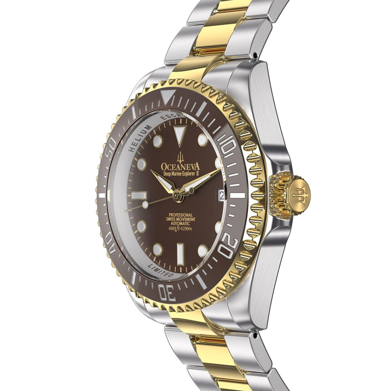 Oceaneva Men's Deep Marine Explorer II 1250M Pro Diver Watch Brown Yellow Gold - BRII200BRSTGD 1000M, 1250M, 316L Stainless Steel Watch, Automatic Watch, BGW9 Swiss-Superluminova, Ceramic Bezel, Dive Watch, Sw200-1 Swiss Automatic Movement