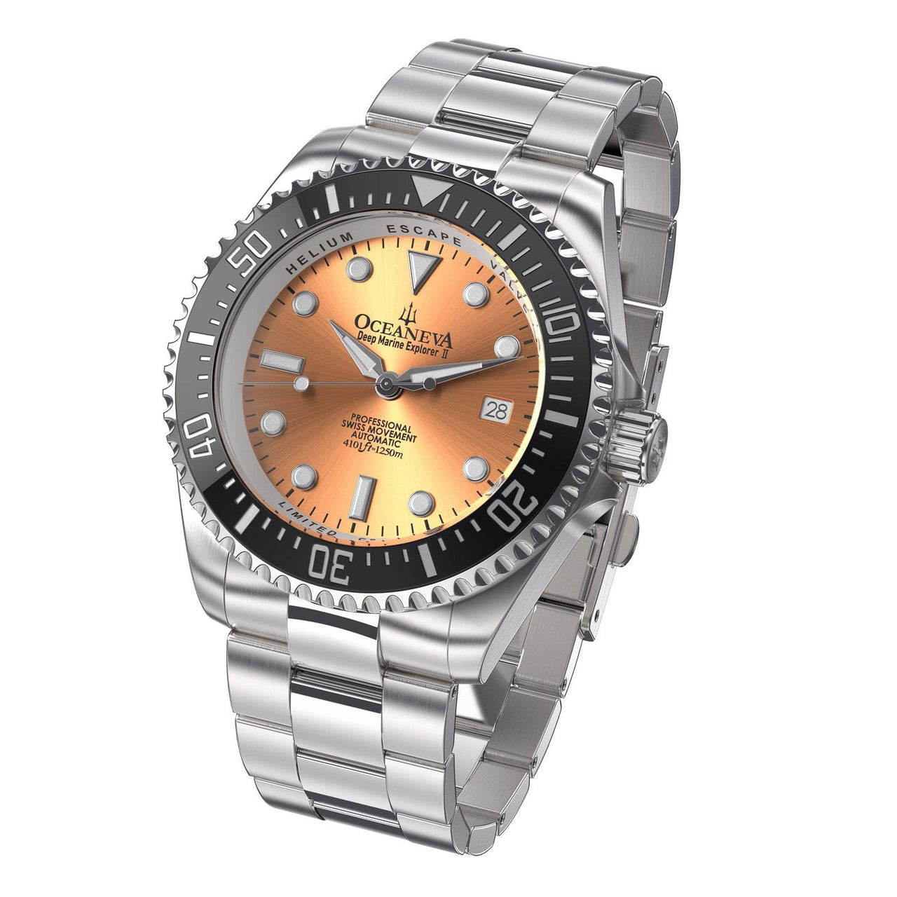 Oceaneva Men's Deep Marine Explorer II 1250M Pro Diver Watch Copper Burst Dial - BKII200SLST 1000M, 1250M diver, 316L Stainless Steel Watch, Automatic Watch, BGW9 Swiss-Superluminova, Ceramic Bezel, Dive Watch, Sw200-1 Swiss Automatic Movement