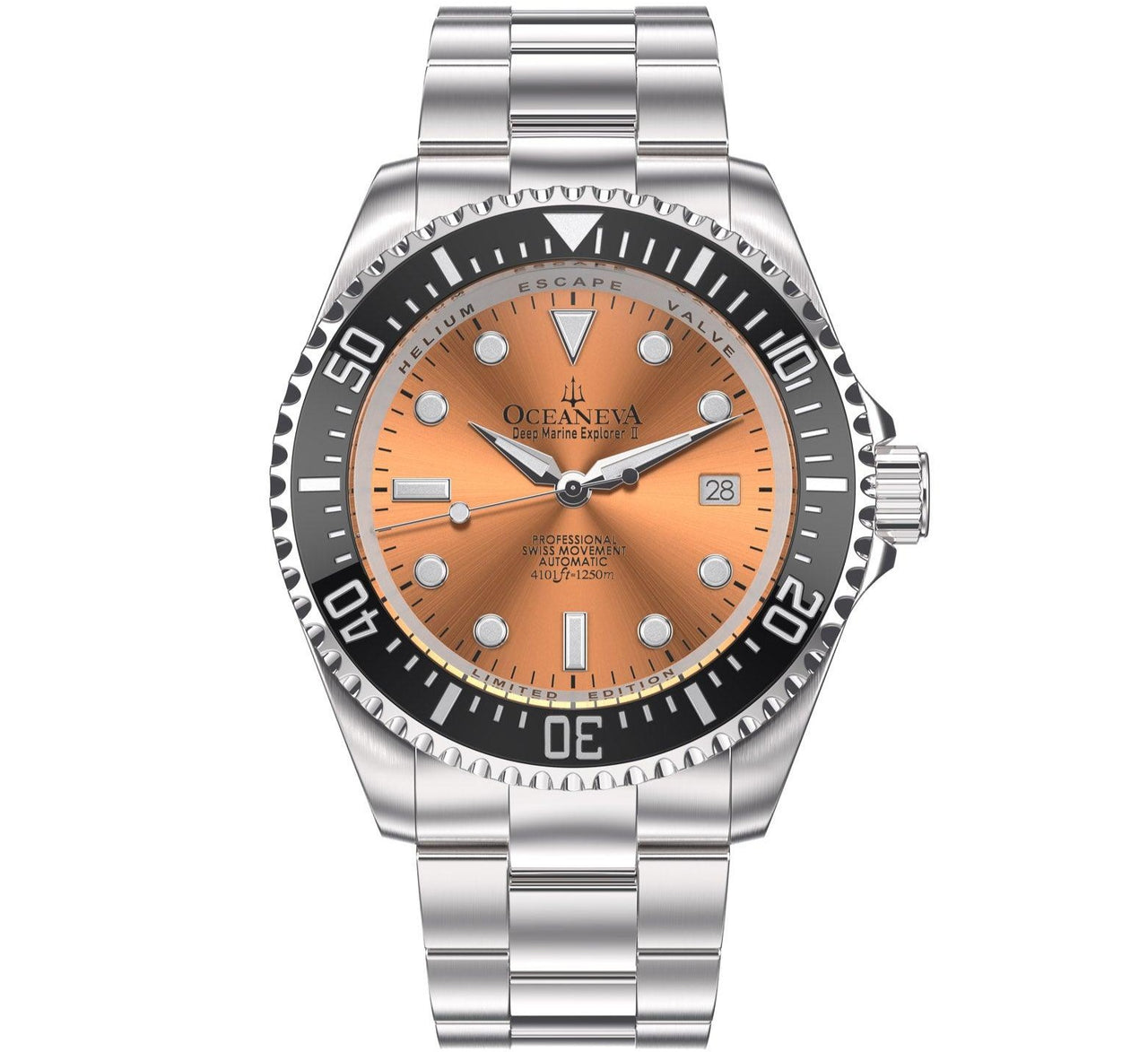 Oceaneva Men's Deep Marine Explorer II 1250M Pro Diver Watch Copper Burst Dial - BKII200SLST 1000M, 1250M diver, 316L Stainless Steel Watch, Automatic Watch, BGW9 Swiss-Superluminova, Ceramic Bezel, Dive Watch, Sw200-1 Swiss Automatic Movement