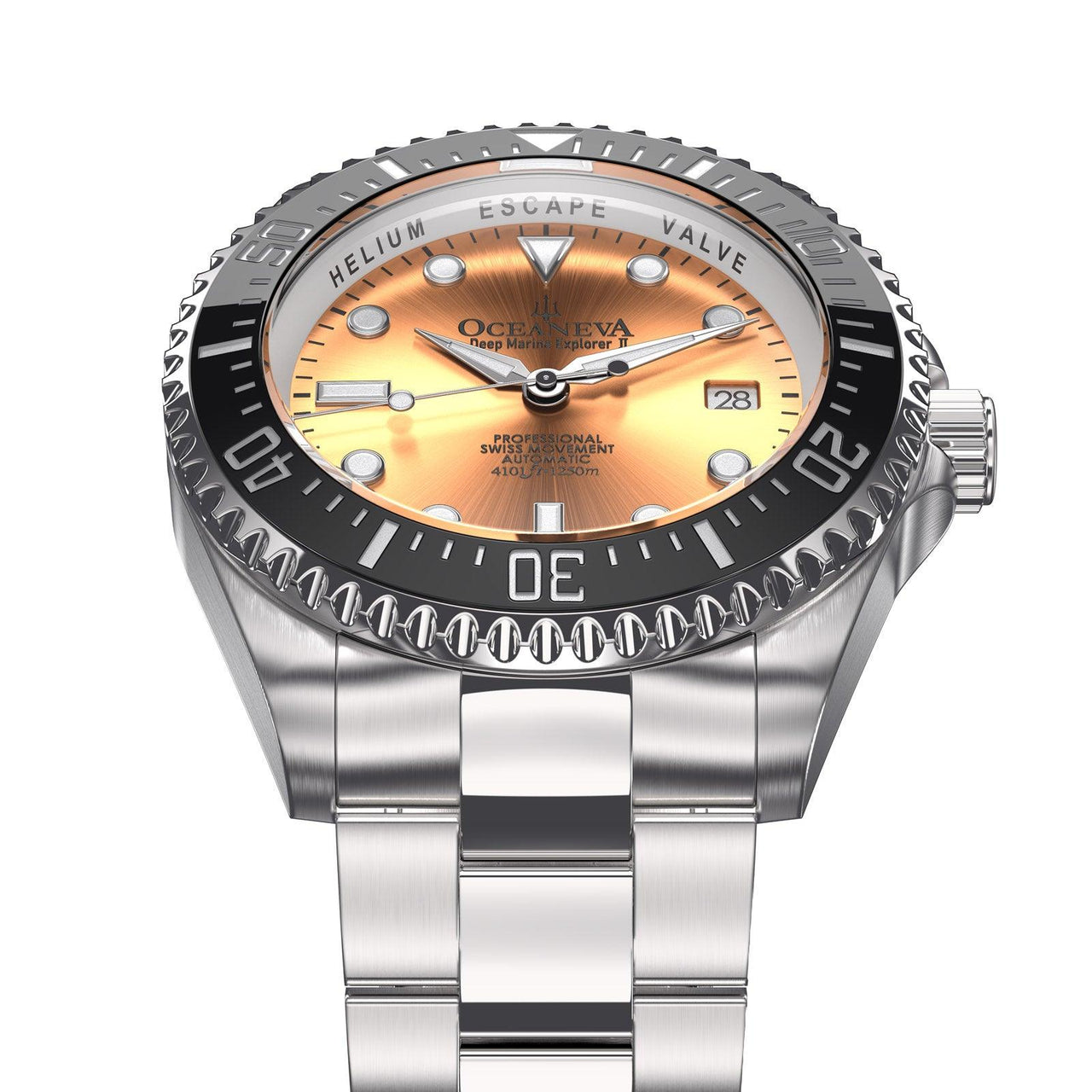 Oceaneva Men's Deep Marine Explorer II 1250M Pro Diver Watch Copper Burst Dial - BKII200SLST 1000M, 1250M diver, 316L Stainless Steel Watch, Automatic Watch, BGW9 Swiss-Superluminova, Ceramic Bezel, Dive Watch, Sw200-1 Swiss Automatic Movement