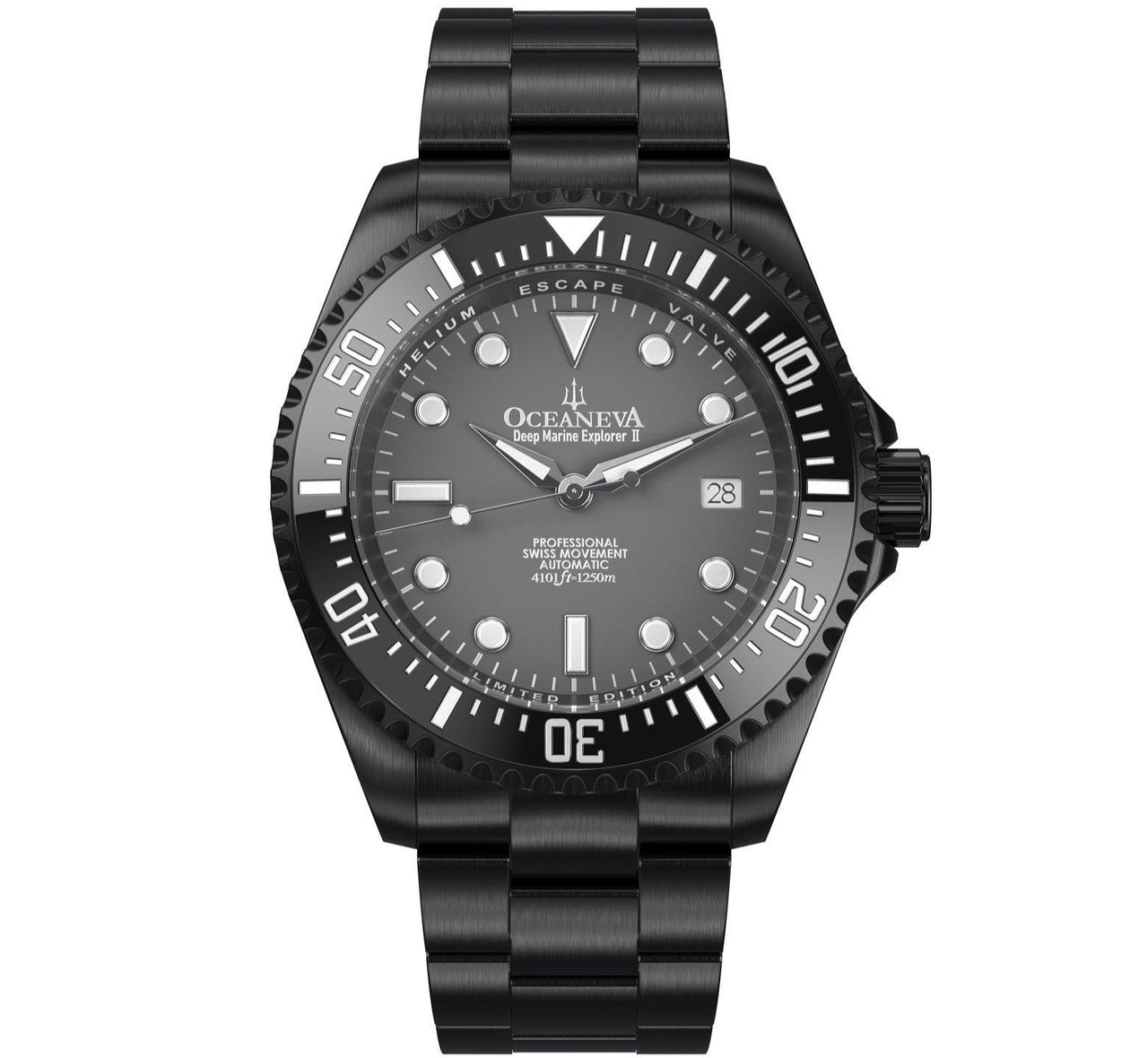 Oceaneva Men's Deep Marine Explorer II 1250M Pro Diver Watch Gray Dial Black IP - BKIIGMG-BKIP 1000M, 1250M, 316L Stainless Steel Watch, Automatic Watch, BGW9 Swiss-Superluminova, Ceramic Bezel, Dive Watch, Sw200-1 Swiss Automatic Movement