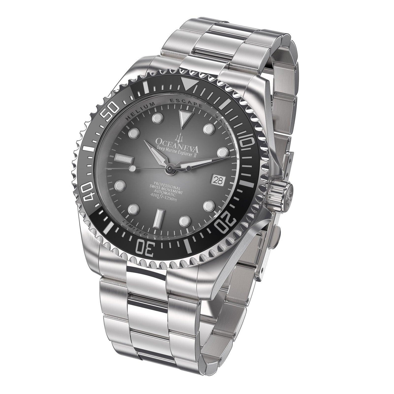 Oceaneva Men's Deep Marine Explorer II 1250M Pro Diver Watch Gray Fade Dial - BKII200GYFDST 1000M, 1250M diver, 316L Stainless Steel Watch, Automatic Watch, BGW9 Swiss-Superluminova, Ceramic Bezel, Dive Watch, Sw200-1 Swiss Automatic Movement