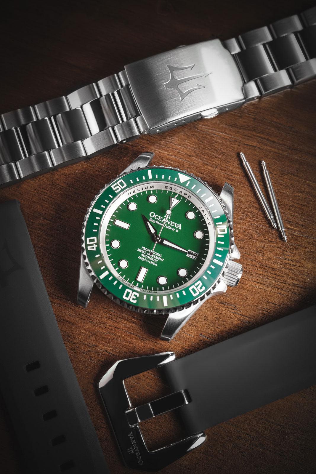 Oceaneva Men's Deep Marine Explorer II 1250M Pro Diver Watch Green and Green - GRII200GRST 1000M, 1250M diver, 316L Stainless Steel Watch, Automatic Watch, BGW9 Swiss-Superluminova, Ceramic Bezel, Dive Watch, Sw200-1 Swiss Automatic Movement