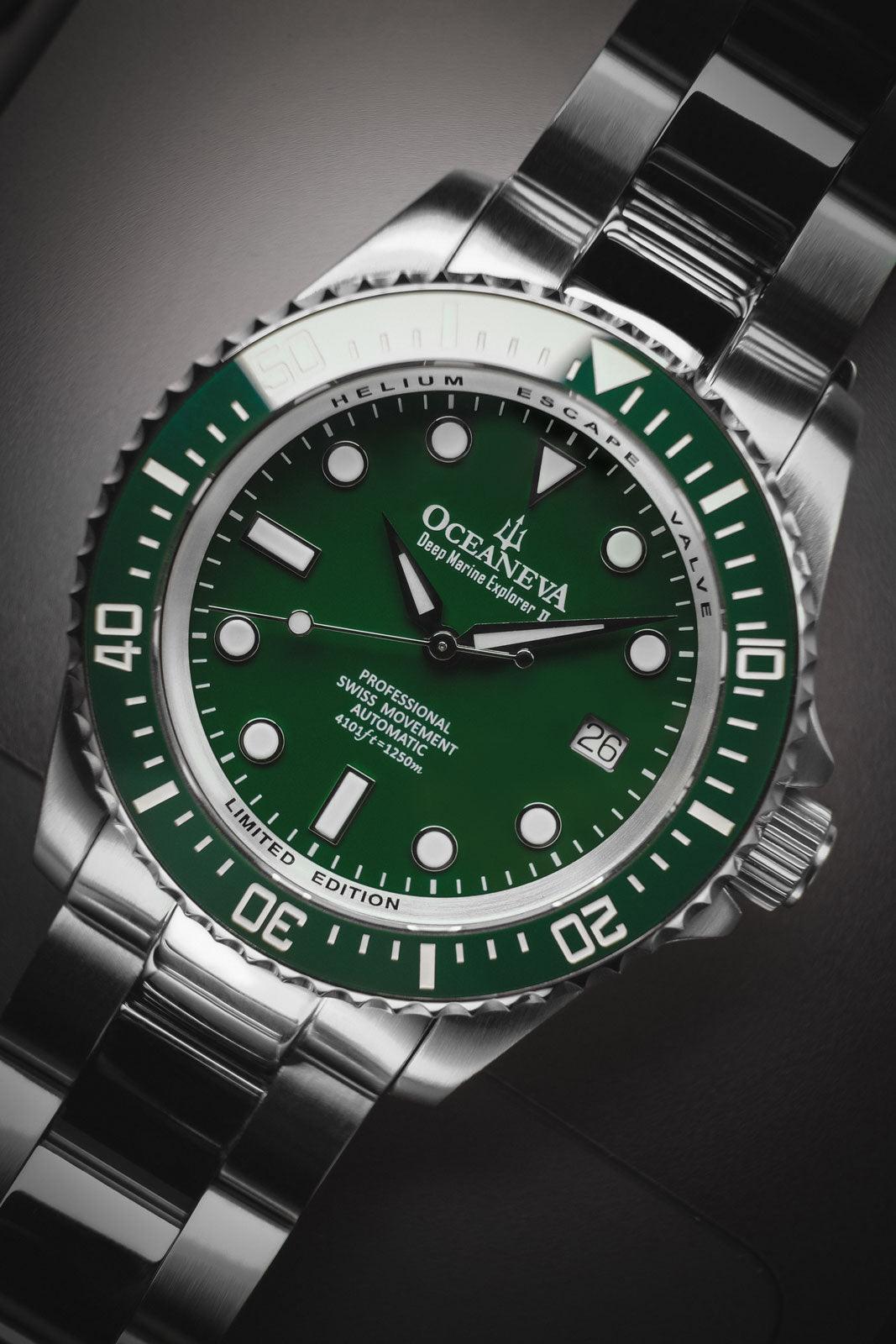 Oceaneva Men's Deep Marine Explorer II 1250M Pro Diver Watch Green and Green - GRII200GRST 1000M, 1250M diver, 316L Stainless Steel Watch, Automatic Watch, BGW9 Swiss-Superluminova, Ceramic Bezel, Dive Watch, Sw200-1 Swiss Automatic Movement