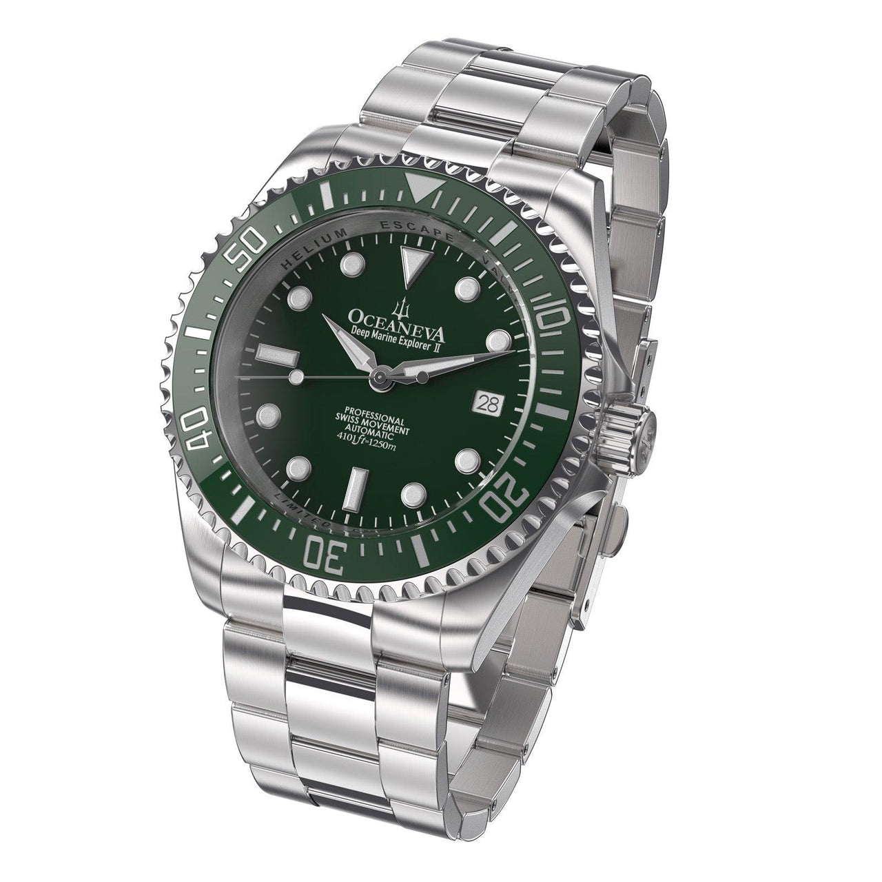 Oceaneva Men's Deep Marine Explorer II 1250M Pro Diver Watch Green and Green - GRII200GRST 1000M, 1250M diver, 316L Stainless Steel Watch, Automatic Watch, BGW9 Swiss-Superluminova, Ceramic Bezel, Dive Watch, Sw200-1 Swiss Automatic Movement