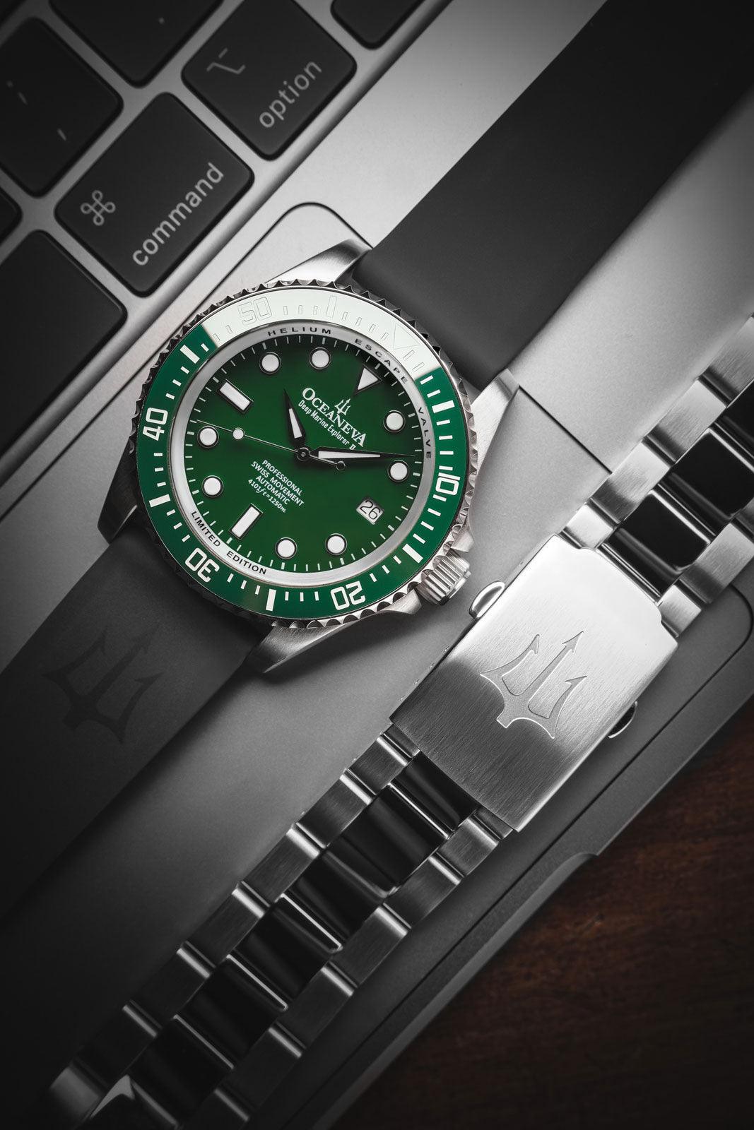 Oceaneva Men's Deep Marine Explorer II 1250M Pro Diver Watch Green and Green - GRII200GRST 1000M, 1250M diver, 316L Stainless Steel Watch, Automatic Watch, BGW9 Swiss-Superluminova, Ceramic Bezel, Dive Watch, Sw200-1 Swiss Automatic Movement