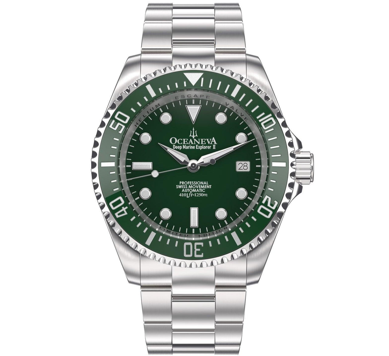 Oceaneva Men's Deep Marine Explorer II 1250M Pro Diver Watch Green and Green - GRII200GRST 1000M, 1250M diver, 316L Stainless Steel Watch, Automatic Watch, BGW9 Swiss-Superluminova, Ceramic Bezel, Dive Watch, Sw200-1 Swiss Automatic Movement