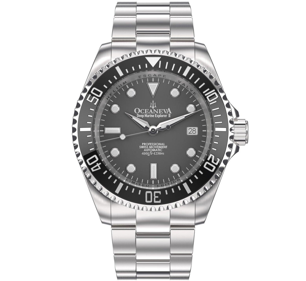 Oceaneva Men's Deep Marine Explorer II 1250M Pro Diver Watch Gun Metal Gray Dial - BKII200GMGST 1000M, 1250M diver, 316L Stainless Steel Watch, Automatic Watch, BGW9 Swiss-Superluminova, Ceramic Bezel, Dive Watch, Sw200-1 Swiss Automatic Movement