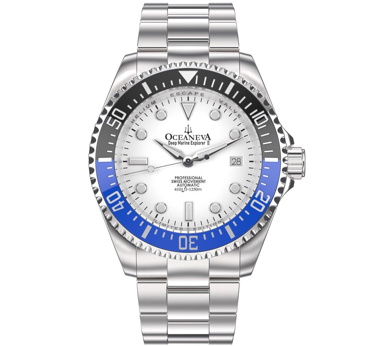 Oceaneva Men's Deep Marine Explorer II 1250M Pro Diver Watch White Dial - BLIIBK200WHST 1000M, 1250M diver, 316L Stainless Steel Watch, Automatic Watch, BGW9 Swiss-Superluminova, Ceramic Bezel, Dive Watch, Sw200-1 Swiss Automatic Movement