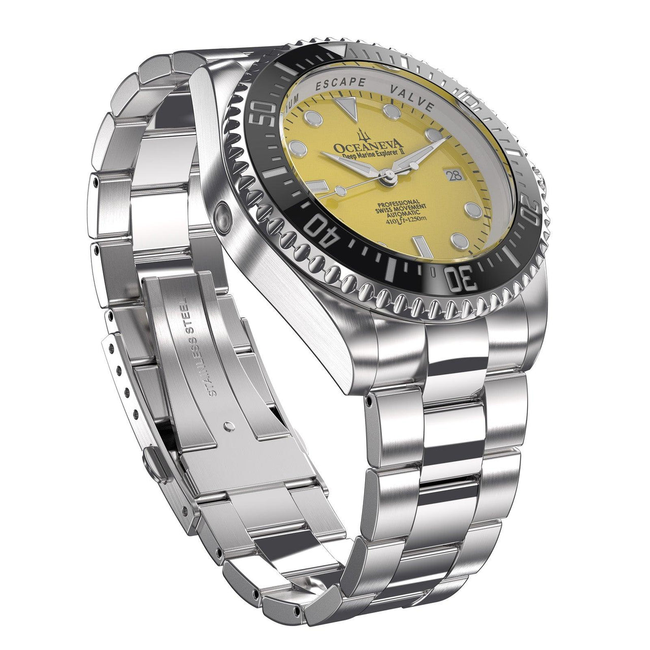 Oceaneva Men's Deep Marine Explorer II 1250M Pro Diver Watch Yellow - BKII200YLST 1000M, 1250M, 316L Stainless Steel Watch, Automatic Watch, BGW9 Swiss-Superluminova, Ceramic Bezel, Dive Watch, Sw200-1 Swiss Automatic Movement