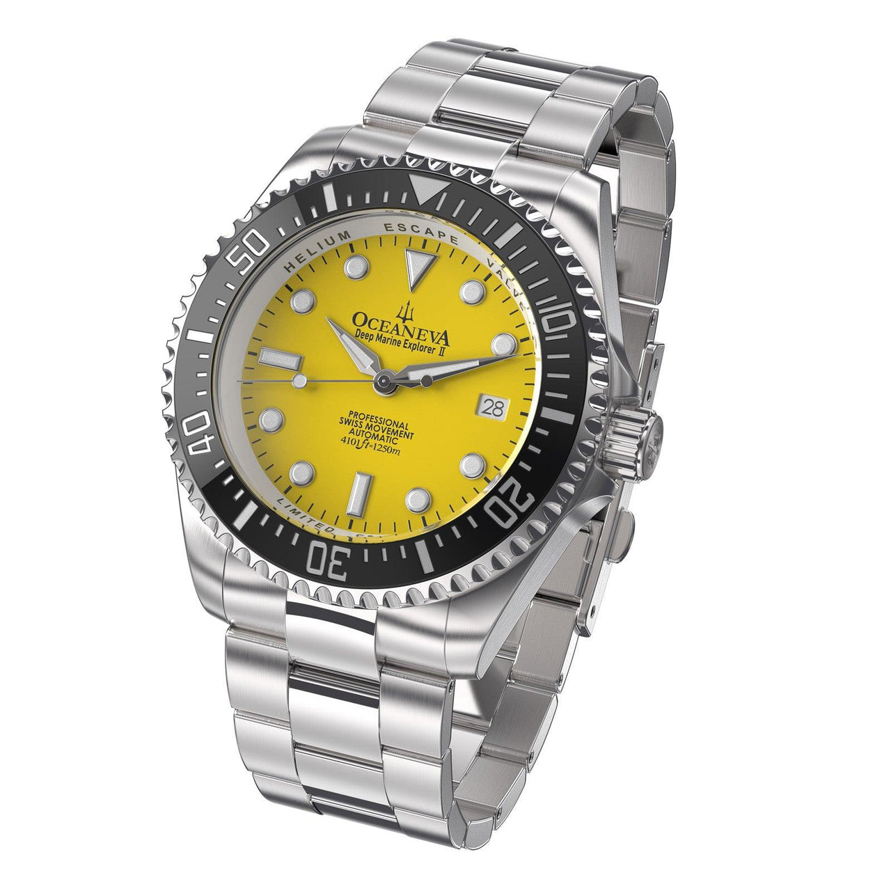 Oceaneva Men's Deep Marine Explorer II 1250M Pro Diver Watch Yellow - BKII200YLST 1000M, 1250M, 316L Stainless Steel Watch, Automatic Watch, BGW9 Swiss-Superluminova, Ceramic Bezel, Dive Watch, Sw200-1 Swiss Automatic Movement