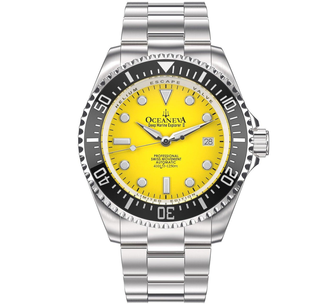 Oceaneva Men's Deep Marine Explorer II 1250M Pro Diver Watch Yellow - BKII200YLST 1000M, 1250M, 316L Stainless Steel Watch, Automatic Watch, BGW9 Swiss-Superluminova, Ceramic Bezel, Dive Watch, Sw200-1 Swiss Automatic Movement